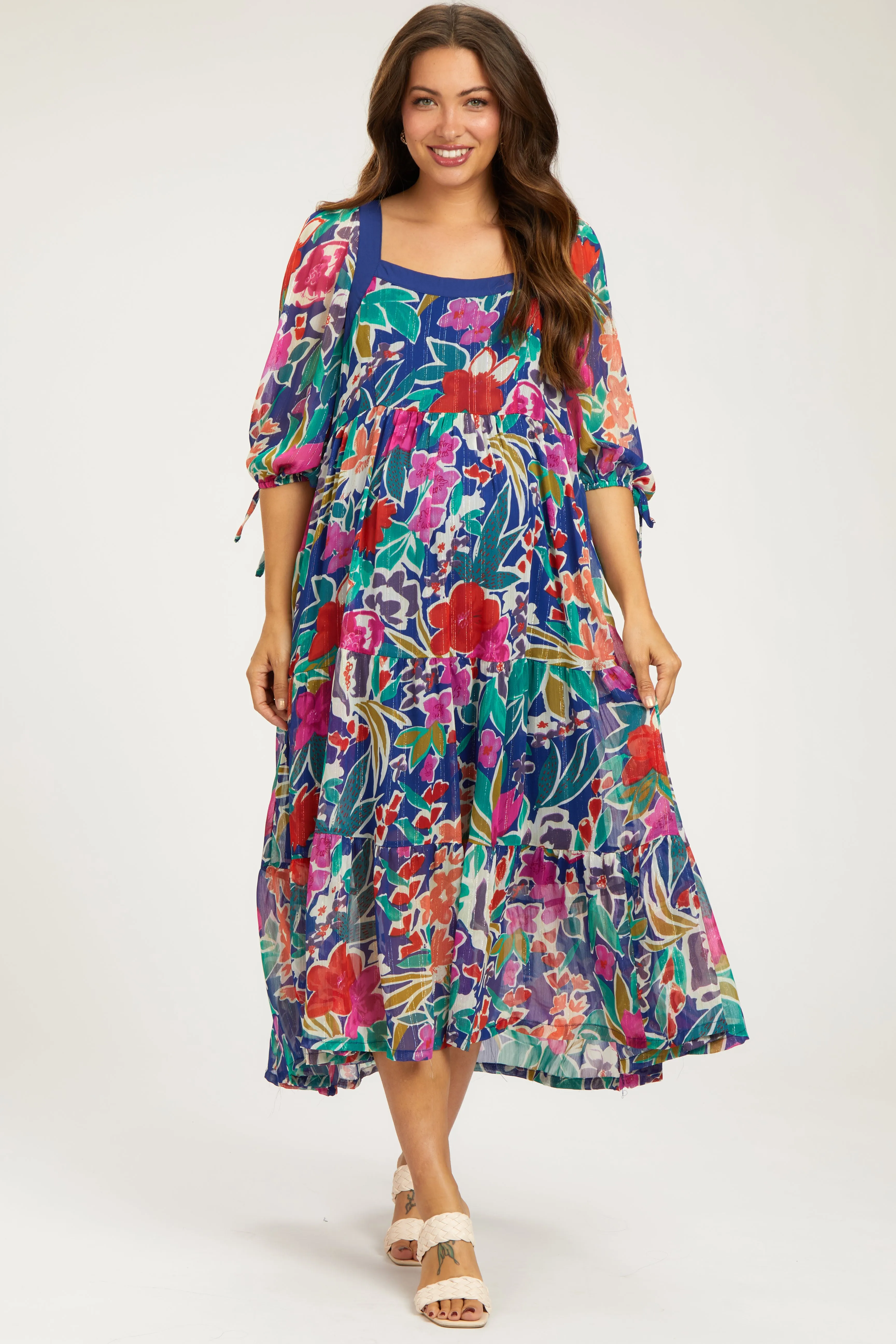 Navy Floral Half-Length Sleeve Tie Maternity Midi Dress sold by Pinkblush product image thumbnail 3