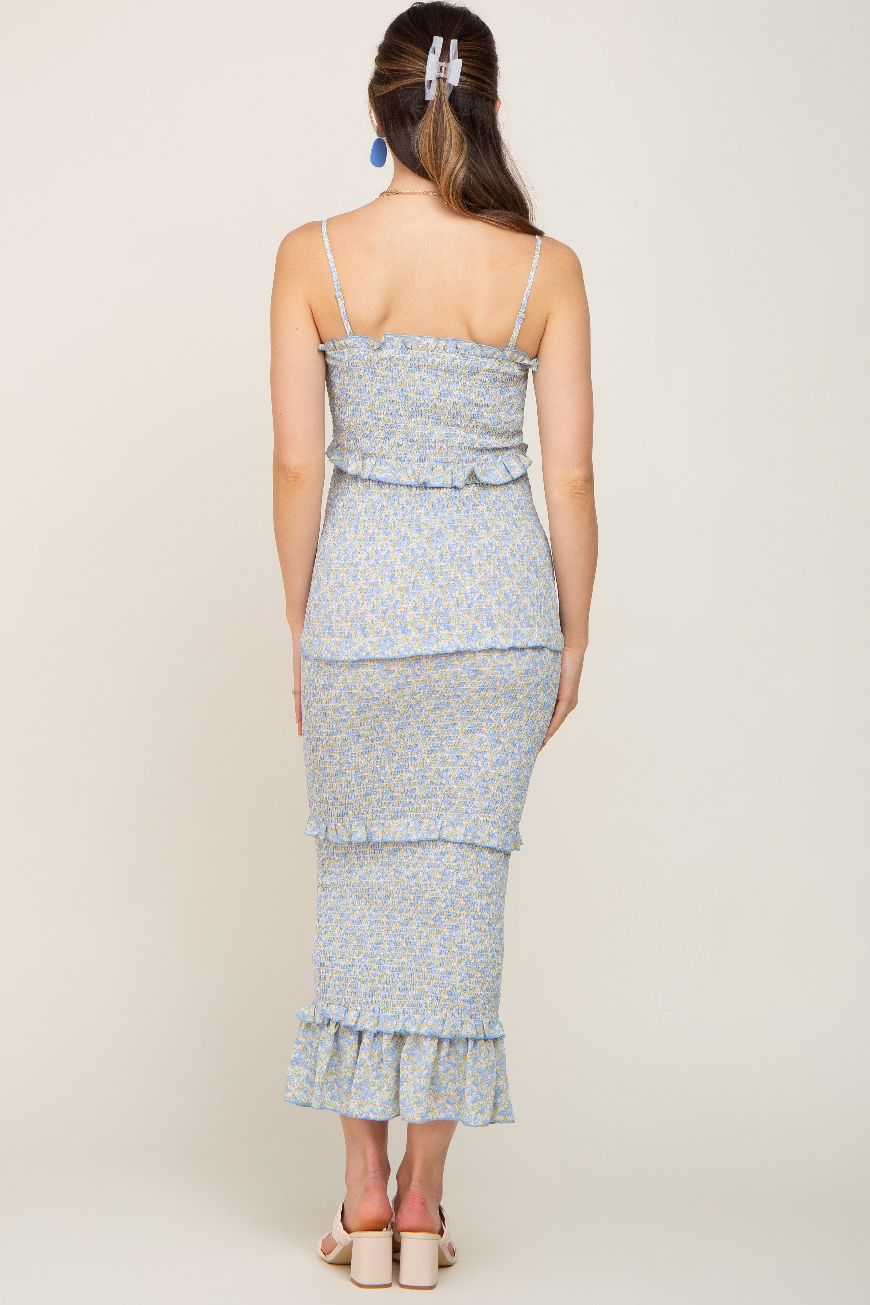 Blue Floral Chiffon Smocked Tiered Square Neck Maternity Midi Dress sold by Pinkblush product image thumbnail 3