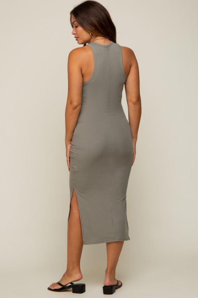 Light Olive Ribbed Sleeveless Side Slit Maternity Midi Dress sold by Pinkblush product image thumbnail 3