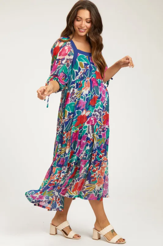 Navy Floral Half-Length Sleeve Tie Maternity Midi Dress sold by Pinkblush