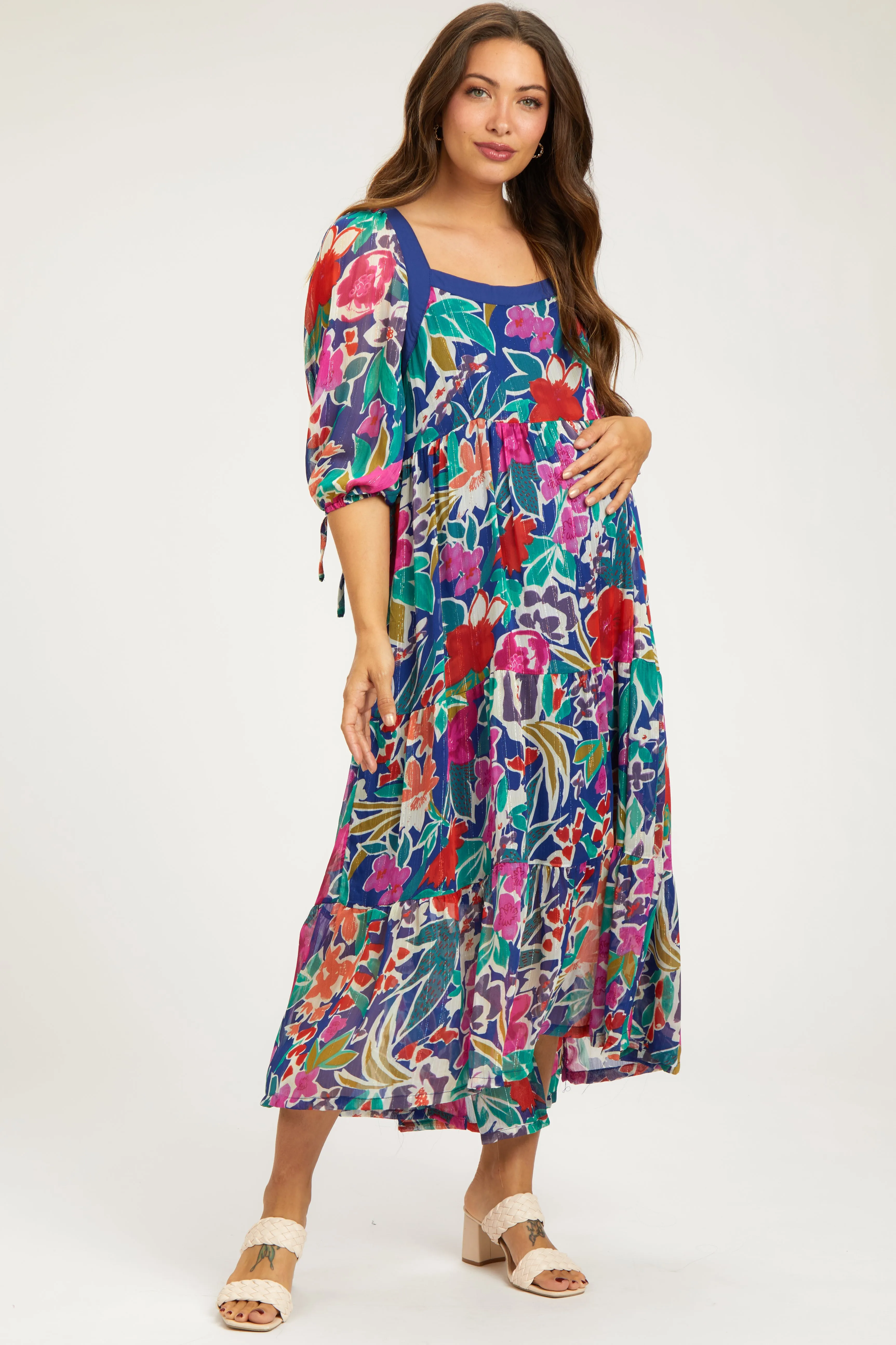 Navy Floral Half-Length Sleeve Tie Maternity Midi Dress sold by Pinkblush product image thumbnail 2