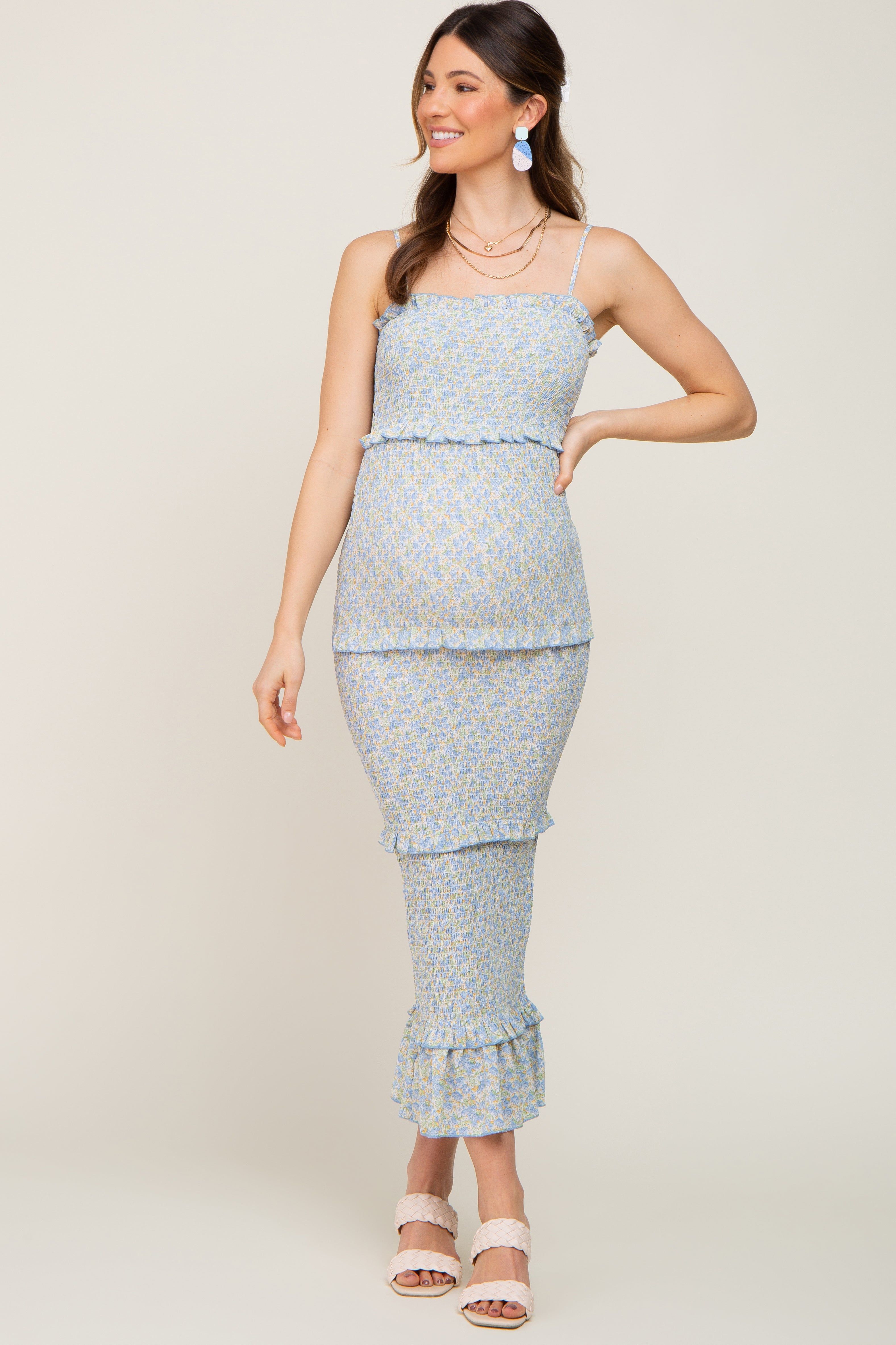 Blue Floral Chiffon Smocked Tiered Square Neck Maternity Midi Dress sold by Pinkblush product image thumbnail 5