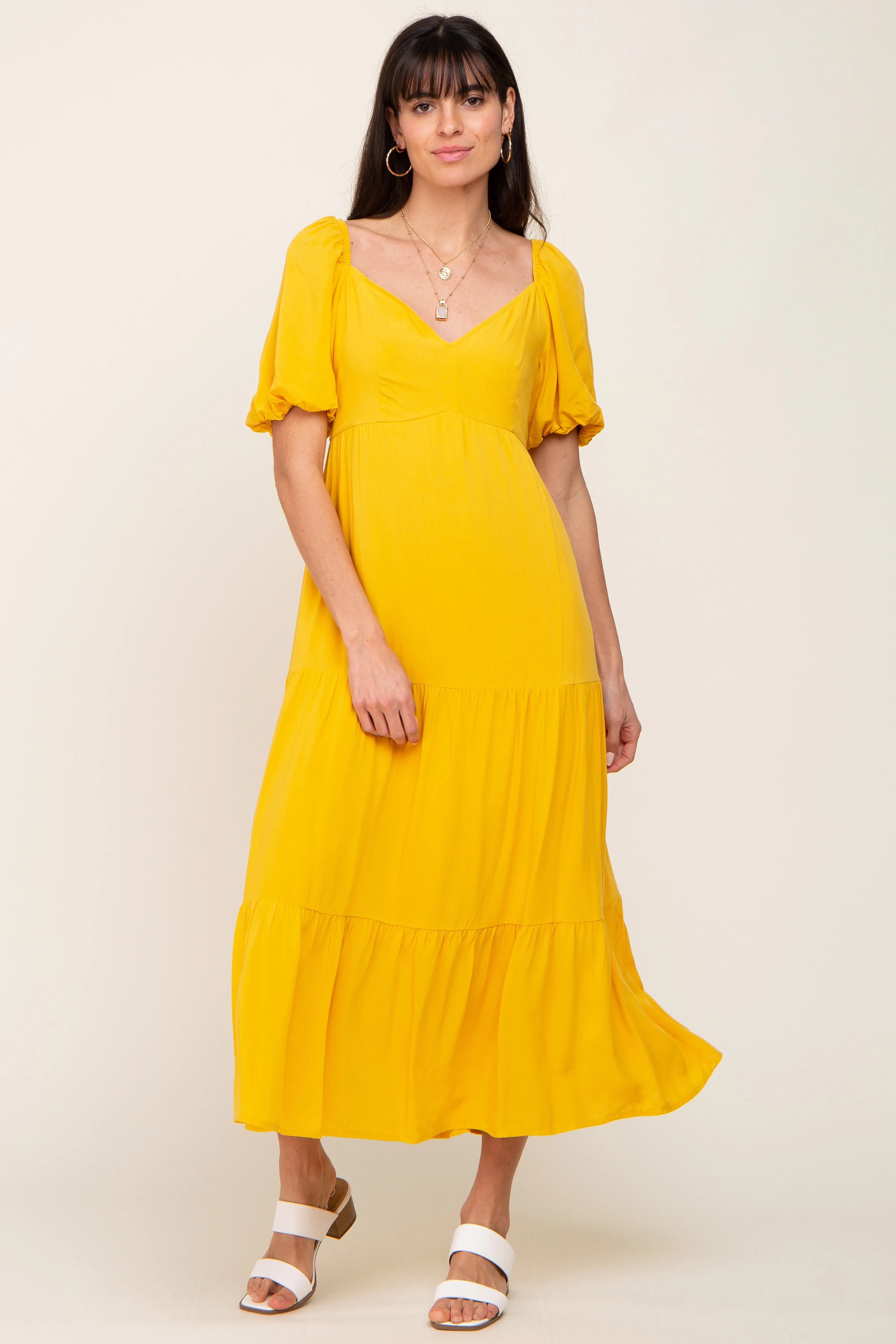Yellow V-Neck Puff Sleeve Tiered Maternity Maxi Dress sold by Pinkblush product image thumbnail 5