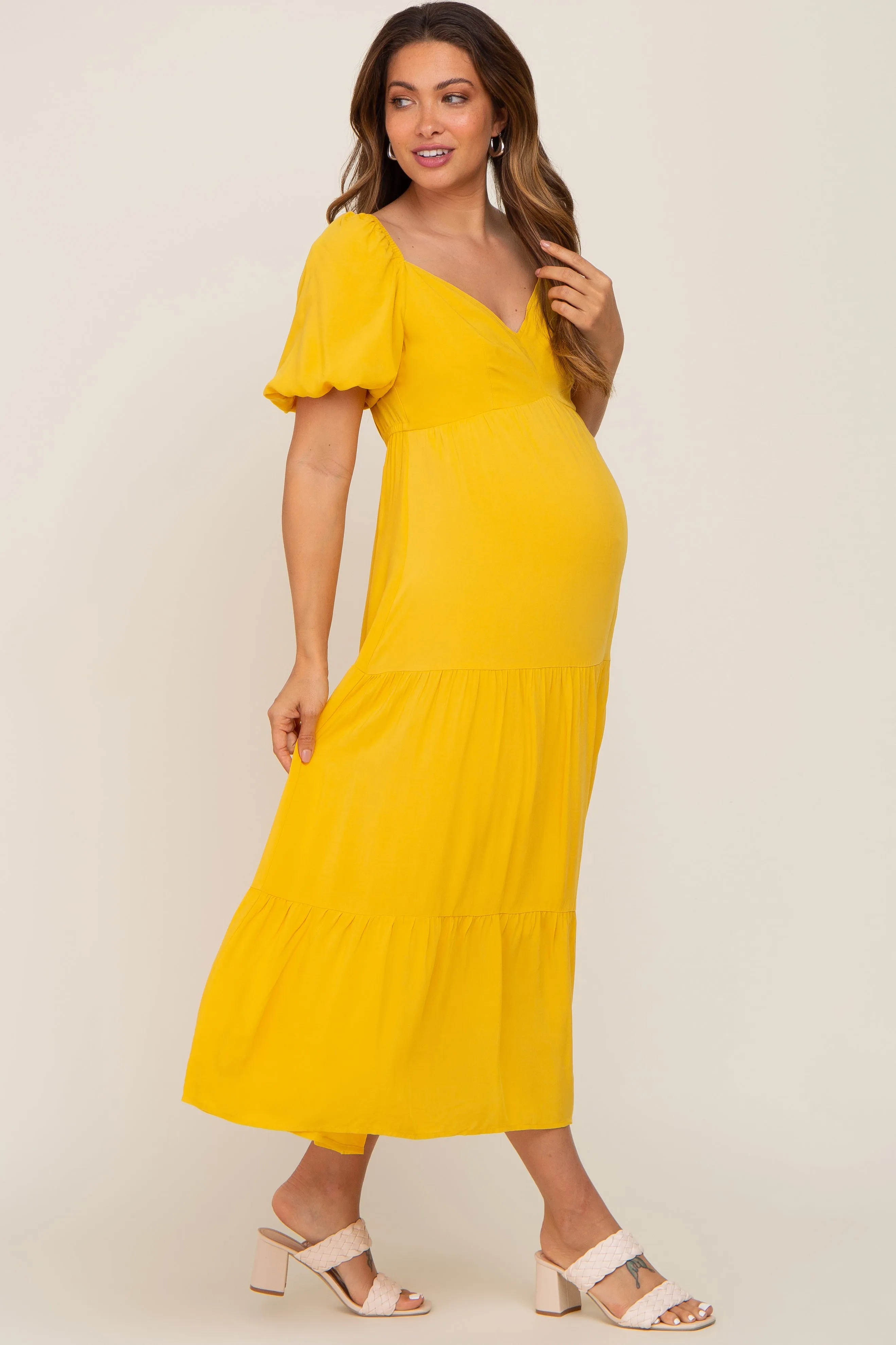 Yellow V-Neck Puff Sleeve Tiered Maternity Maxi Dress sold by Pinkblush product image thumbnail 2