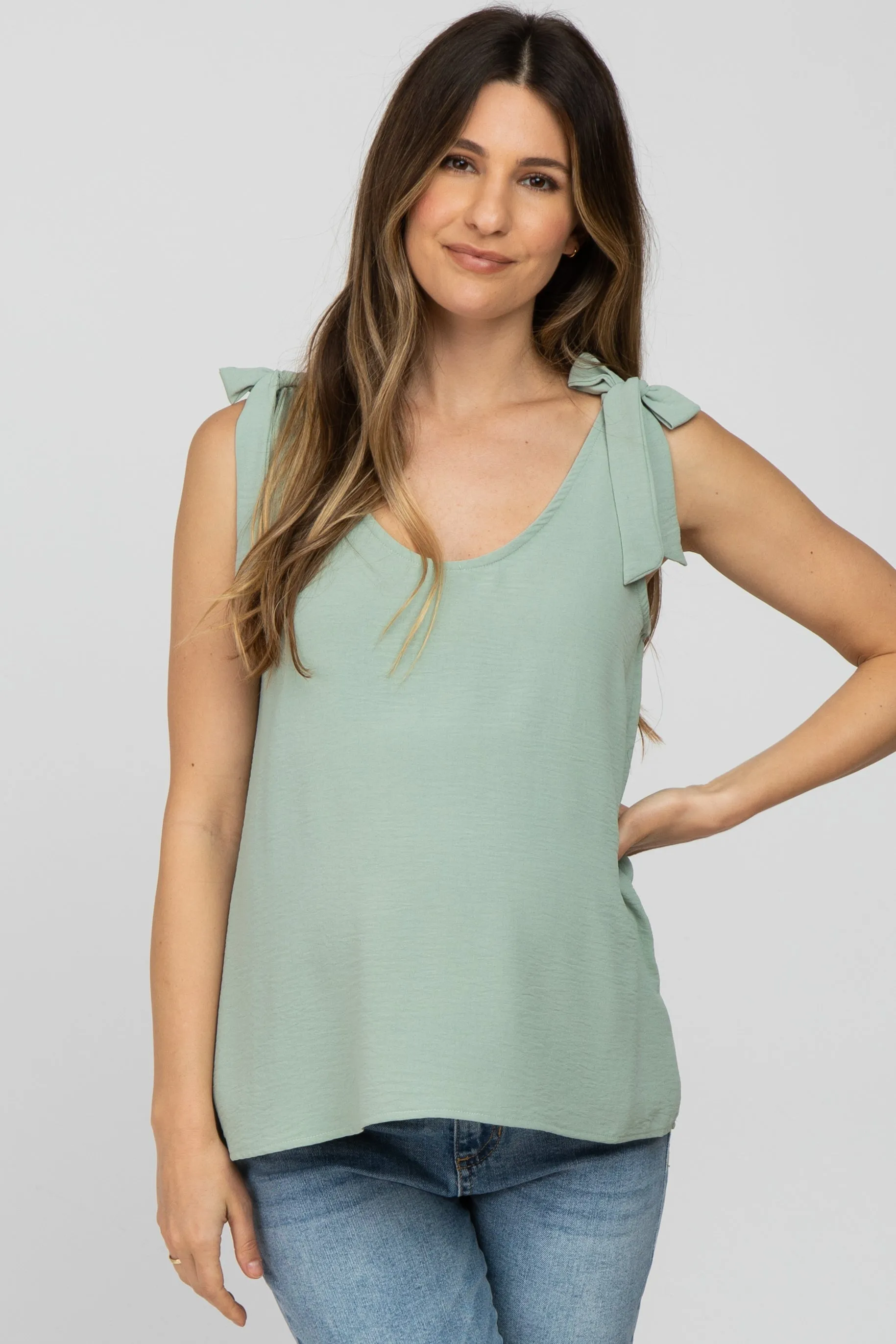 Sage Bow Shoulder Accent Sleeveless Maternity Top sold by Pinkblush