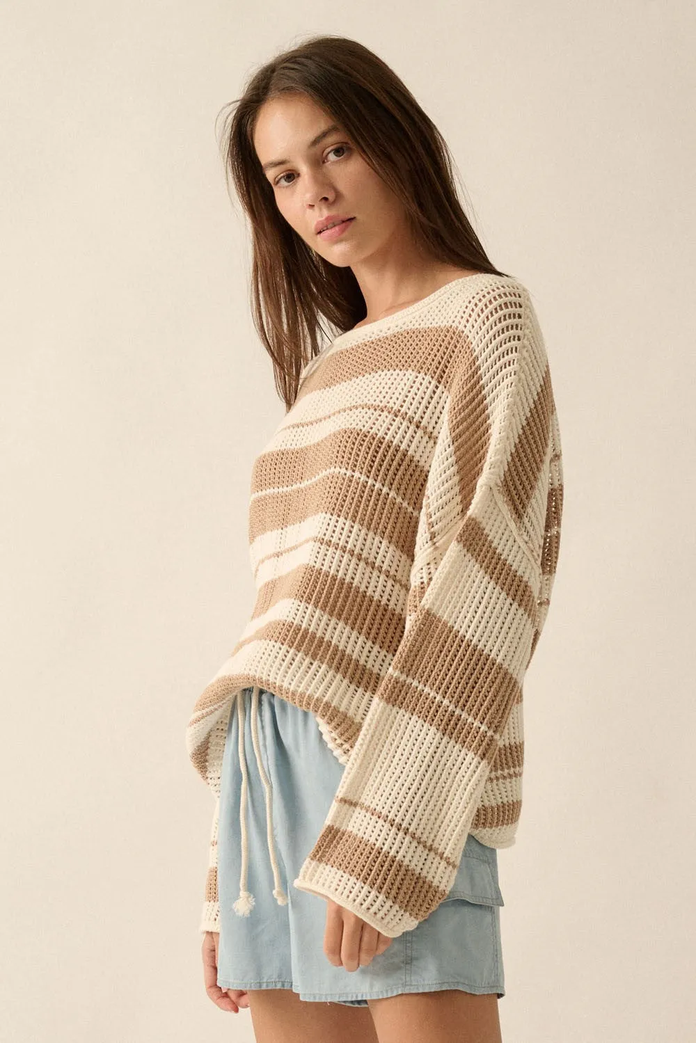 Cream Sand Oversized Stripe Colorblock Crochet Knit Sweater sold by Pinkblush product image thumbnail 4
