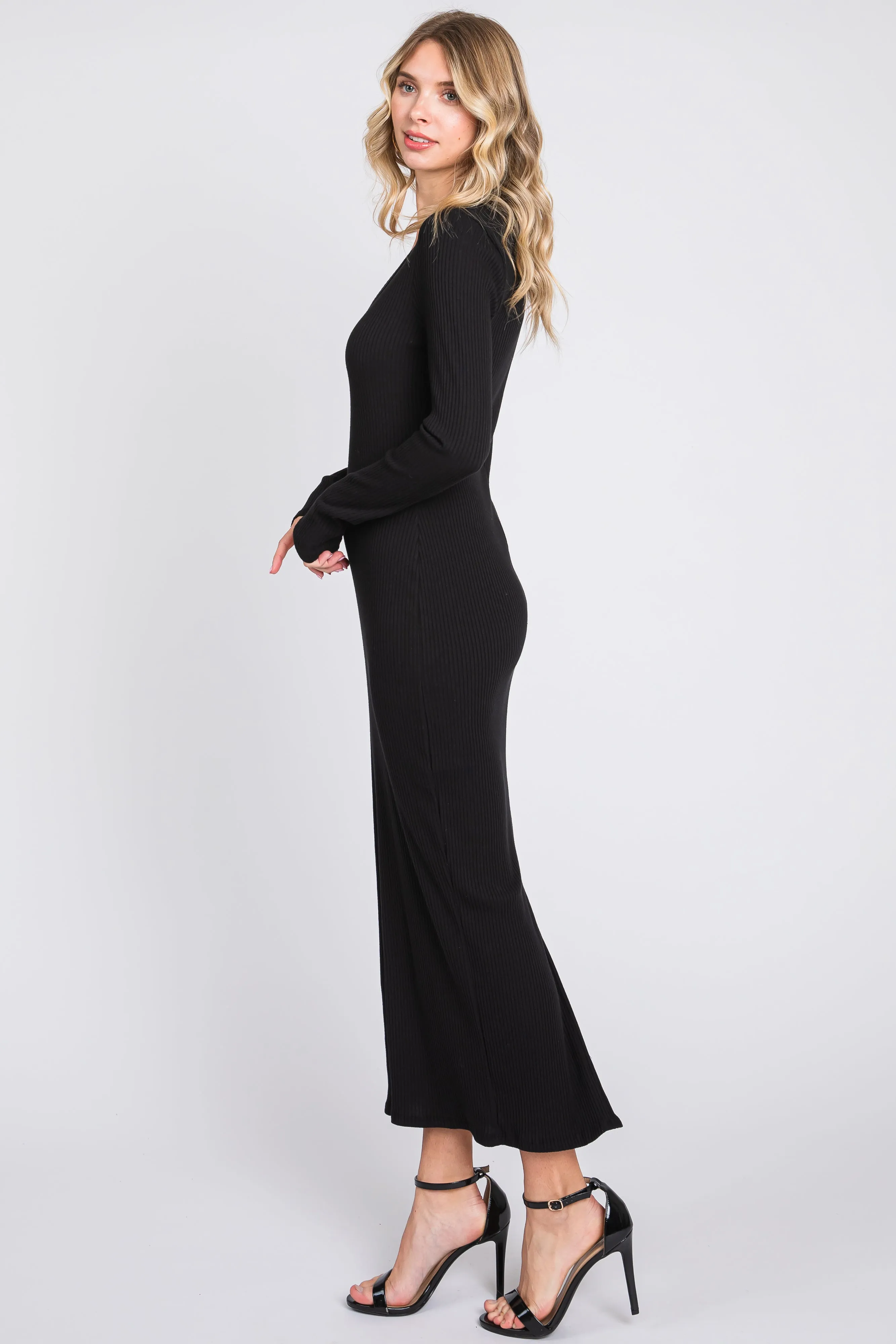 Black Ribbed Long Sleeve Maxi Dress sold by Pinkblush product image thumbnail 2