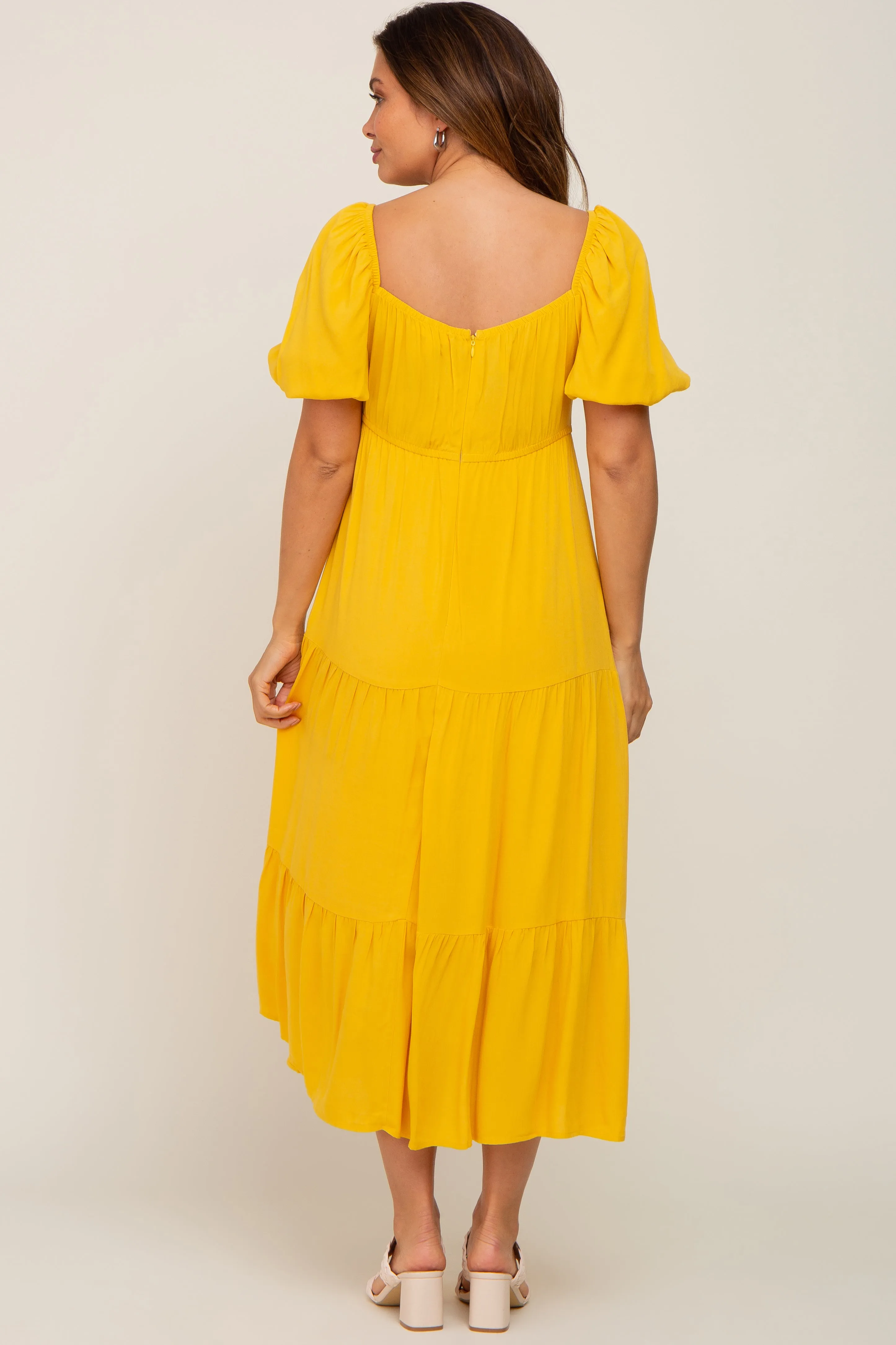 Yellow V-Neck Puff Sleeve Tiered Maternity Maxi Dress sold by Pinkblush product image thumbnail 3