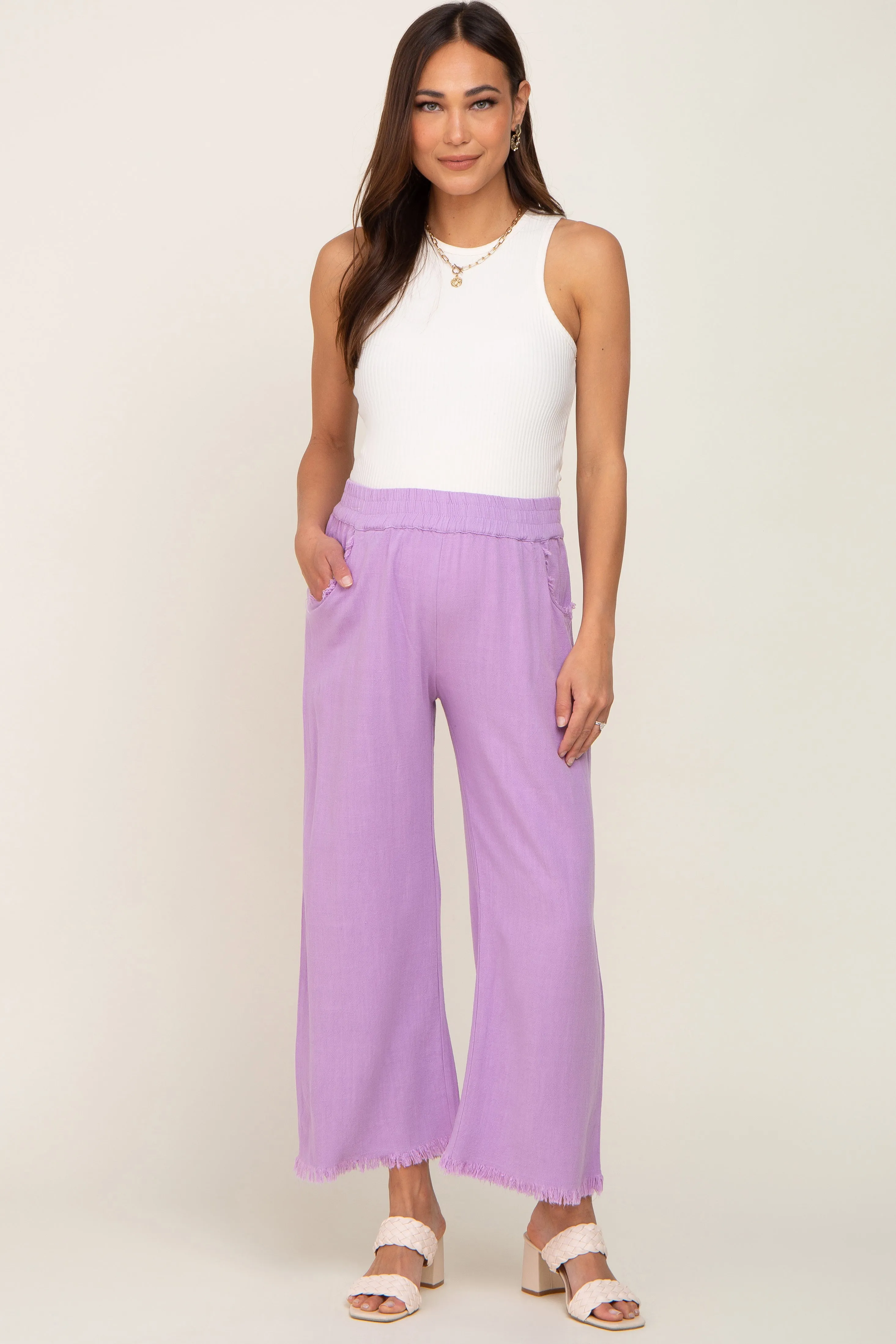 Lavender Linen Frayed Hem Crop Maternity Pants sold by Pinkblush