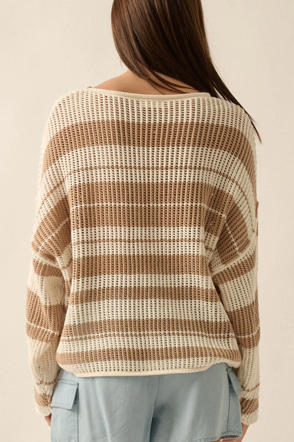 Cream Sand Oversized Stripe Colorblock Crochet Knit Sweater sold by Pinkblush product image thumbnail 5