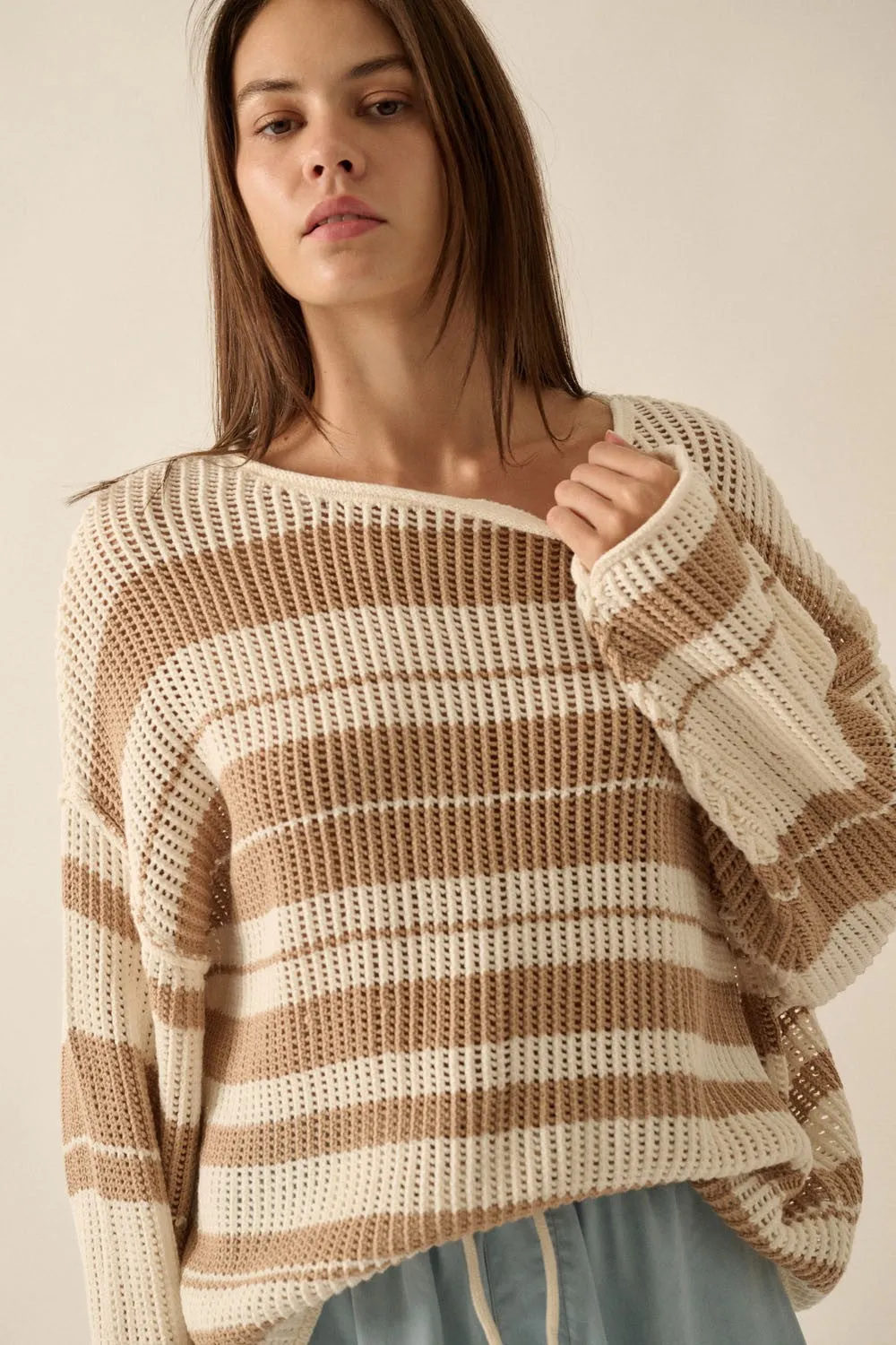 Cream Sand Oversized Stripe Colorblock Crochet Knit Sweater sold by Pinkblush product image thumbnail 2