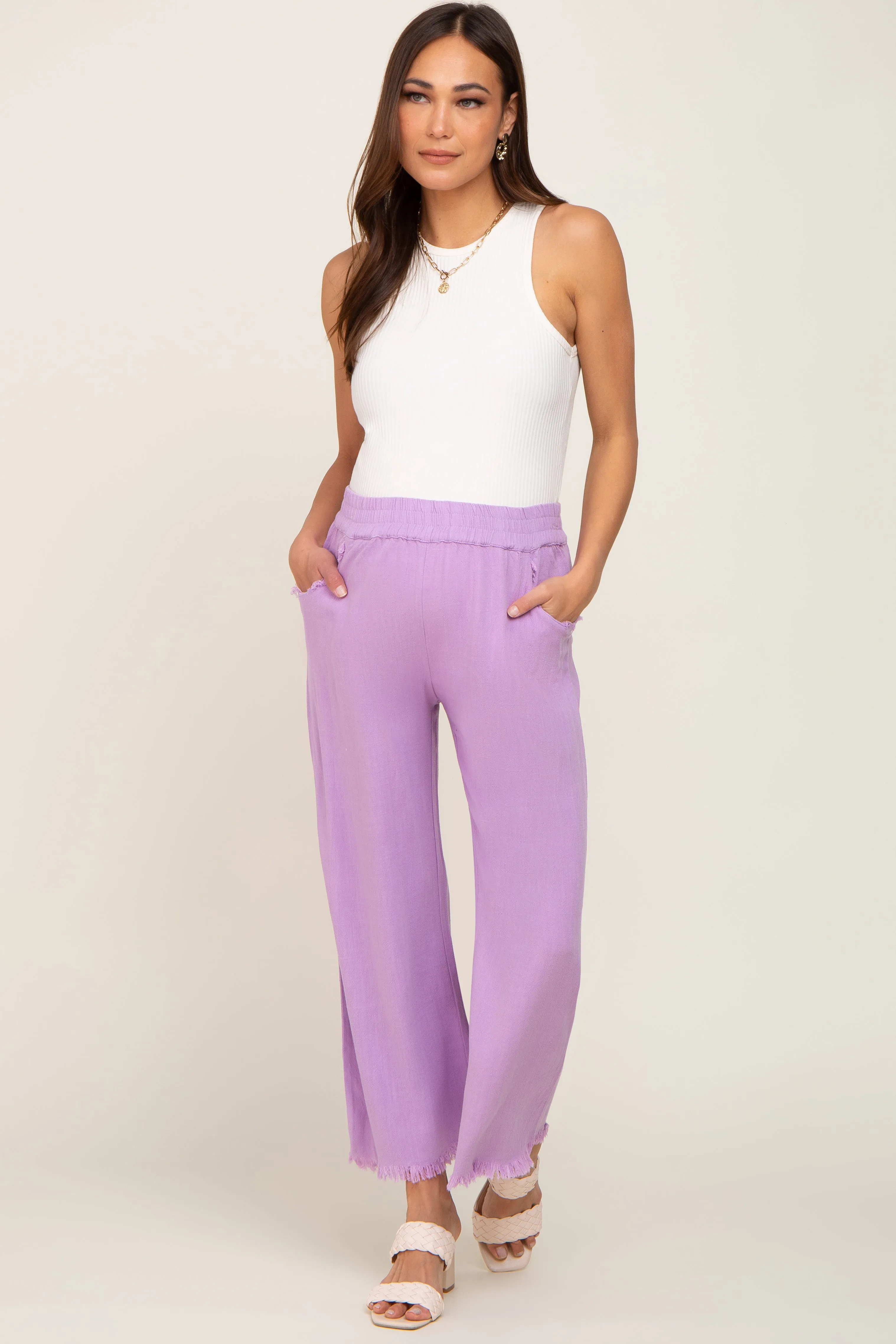 Lavender Linen Frayed Hem Crop Maternity Pants sold by Pinkblush product image thumbnail 5