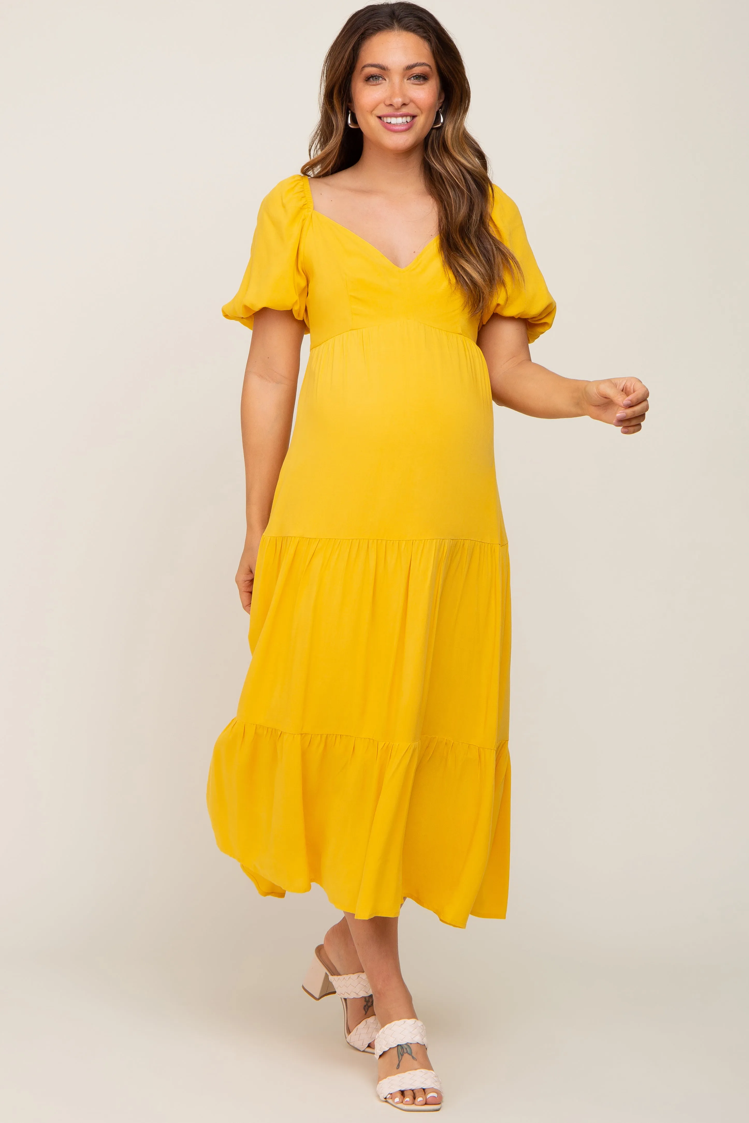 Yellow V-Neck Puff Sleeve Tiered Maternity Maxi Dress sold by Pinkblush product image thumbnail 4