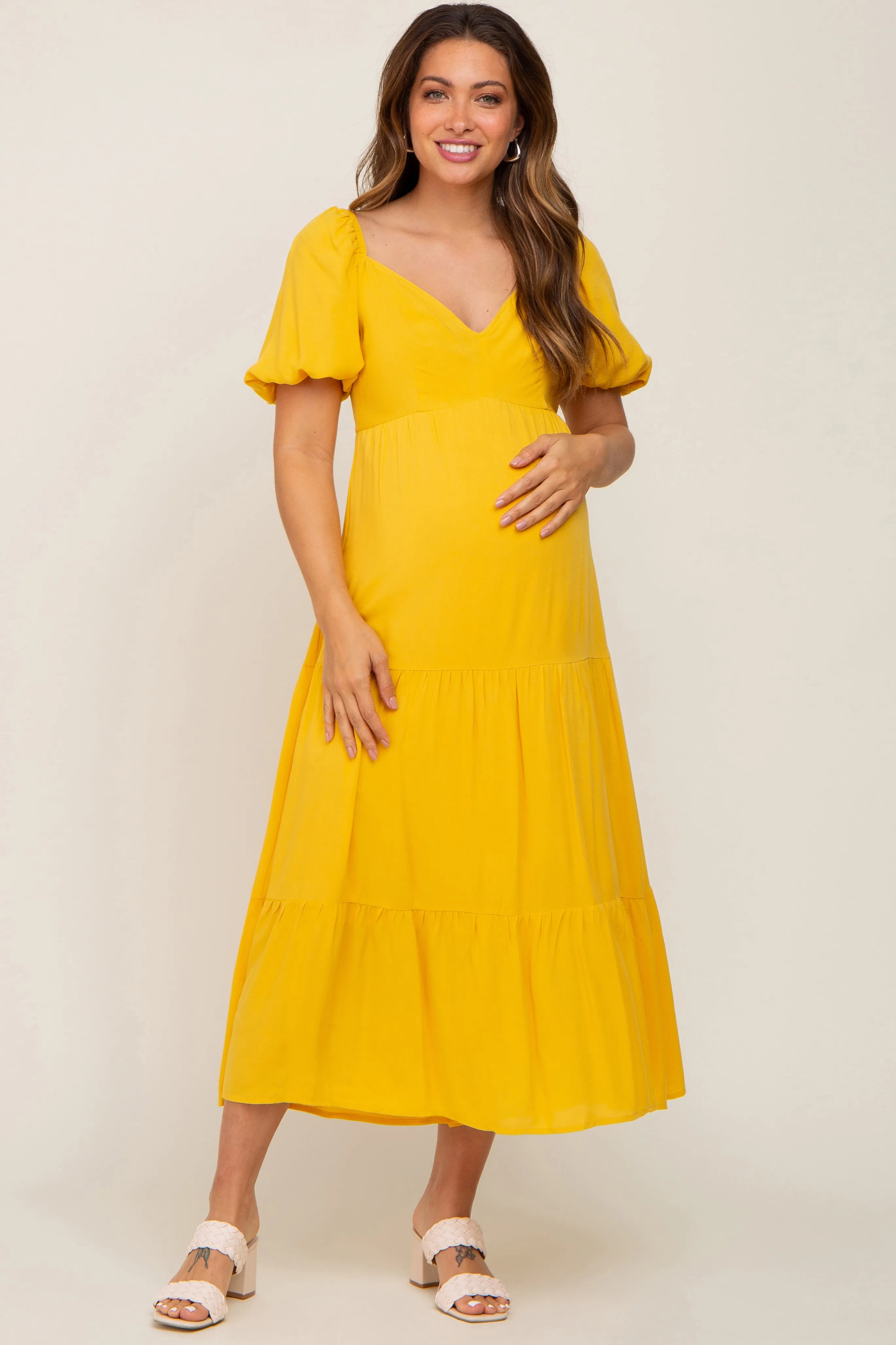 Yellow V-Neck Puff Sleeve Tiered Maternity Maxi Dress sold by Pinkblush