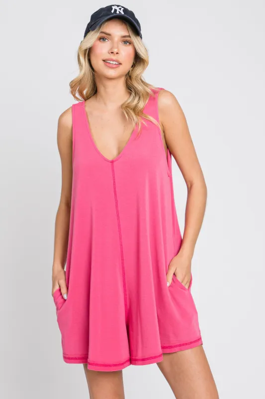 Fuchsia Rounded V-Neck Sleeveless Romper sold by Pinkblush