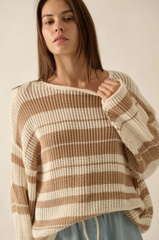 Cream Sand Oversized Stripe Colorblock Crochet Knit Sweater sold by Pinkblush