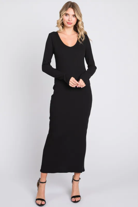 Black Ribbed Long Sleeve Maxi Dress sold by Pinkblush