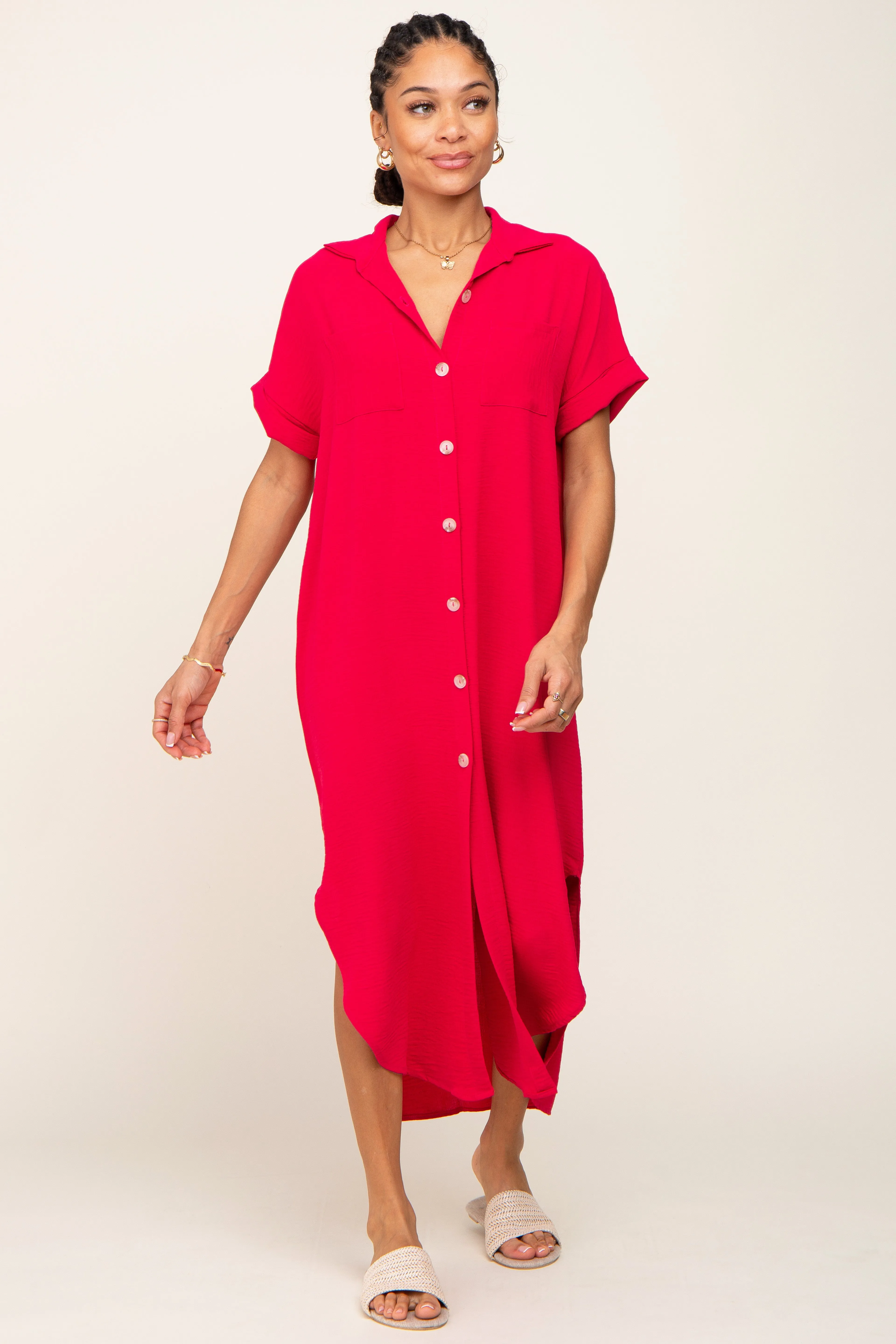 Fuchsia Button Down Hi Low Maxi Dress sold by Pinkblush product image thumbnail 4