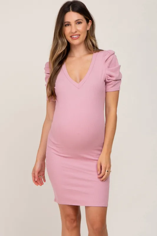 Pink Ribbed Puff Sleeve Maternity Dress sold by Pinkblush