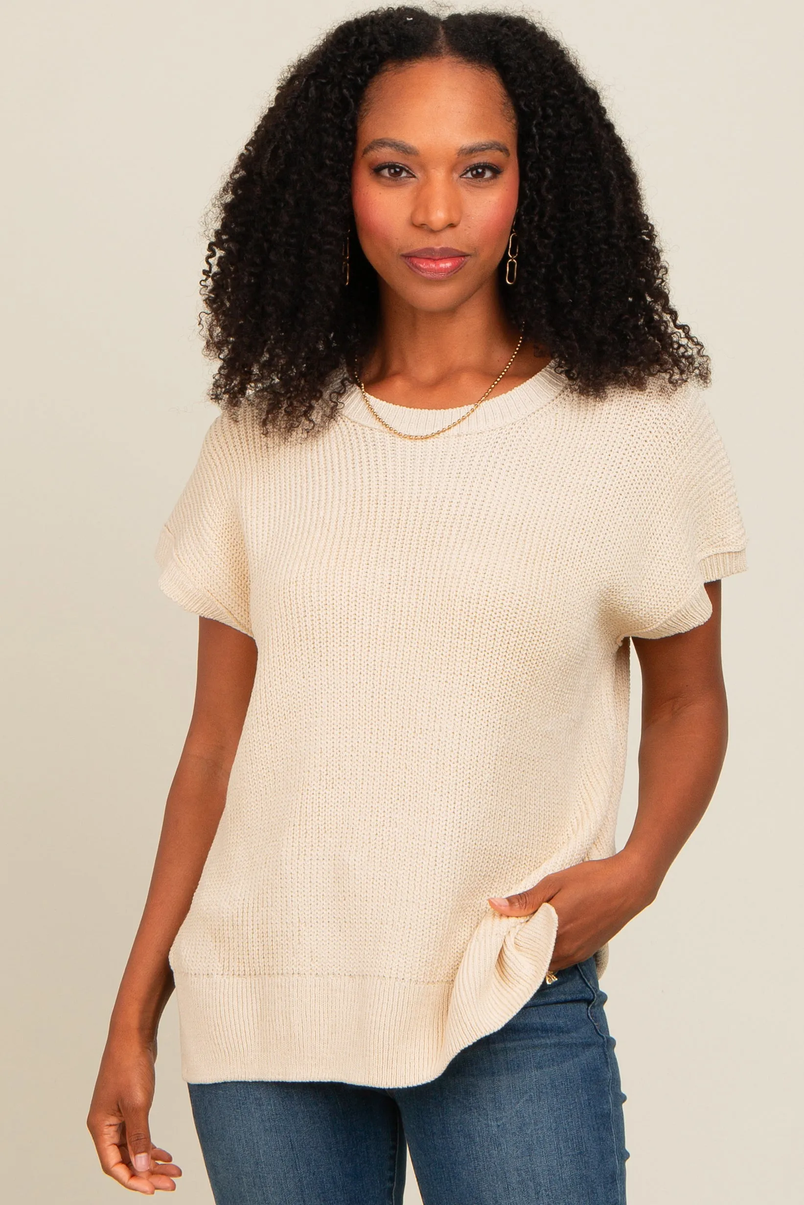 Beige Dolman Short Sleeve Side Slit Maternity Sweater Top sold by Pinkblush product image thumbnail 4