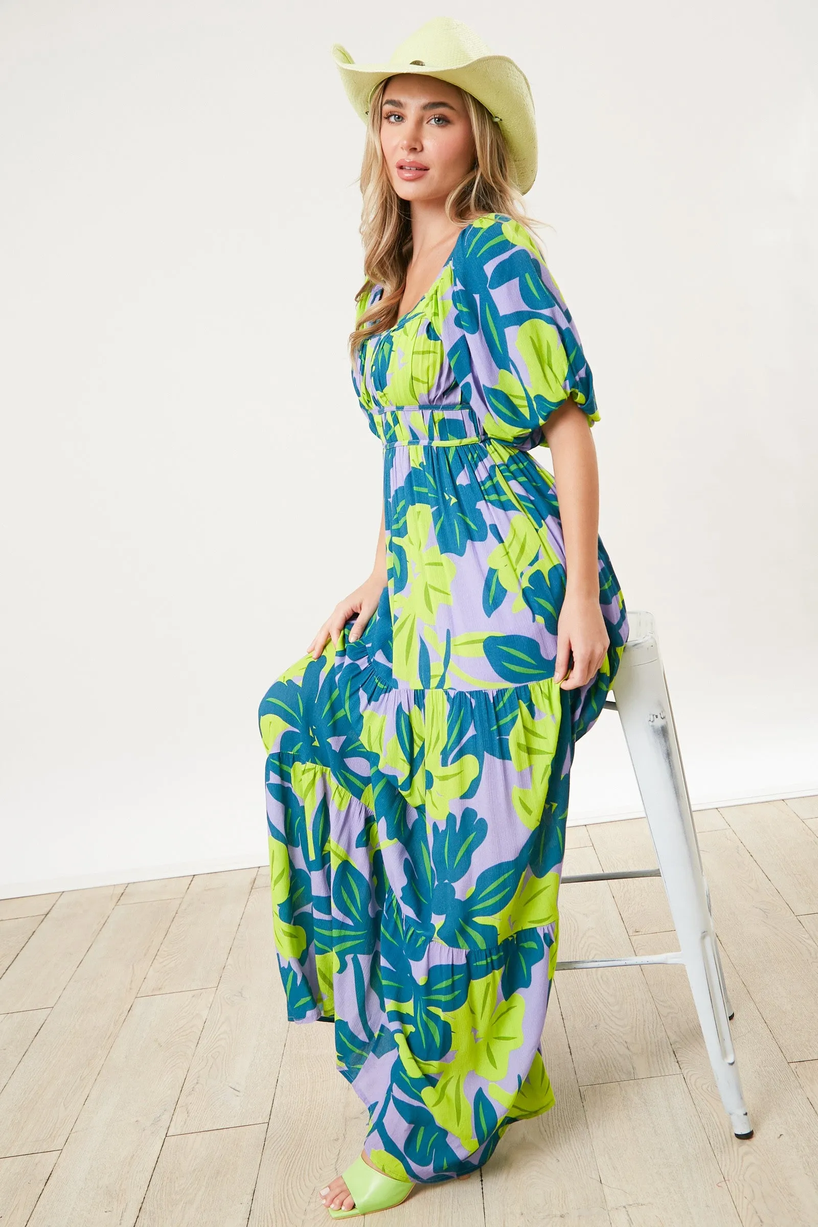 Teal Leaf Print Printed Puff Sleeve Maxi Dress sold by Pinkblush product image thumbnail 5