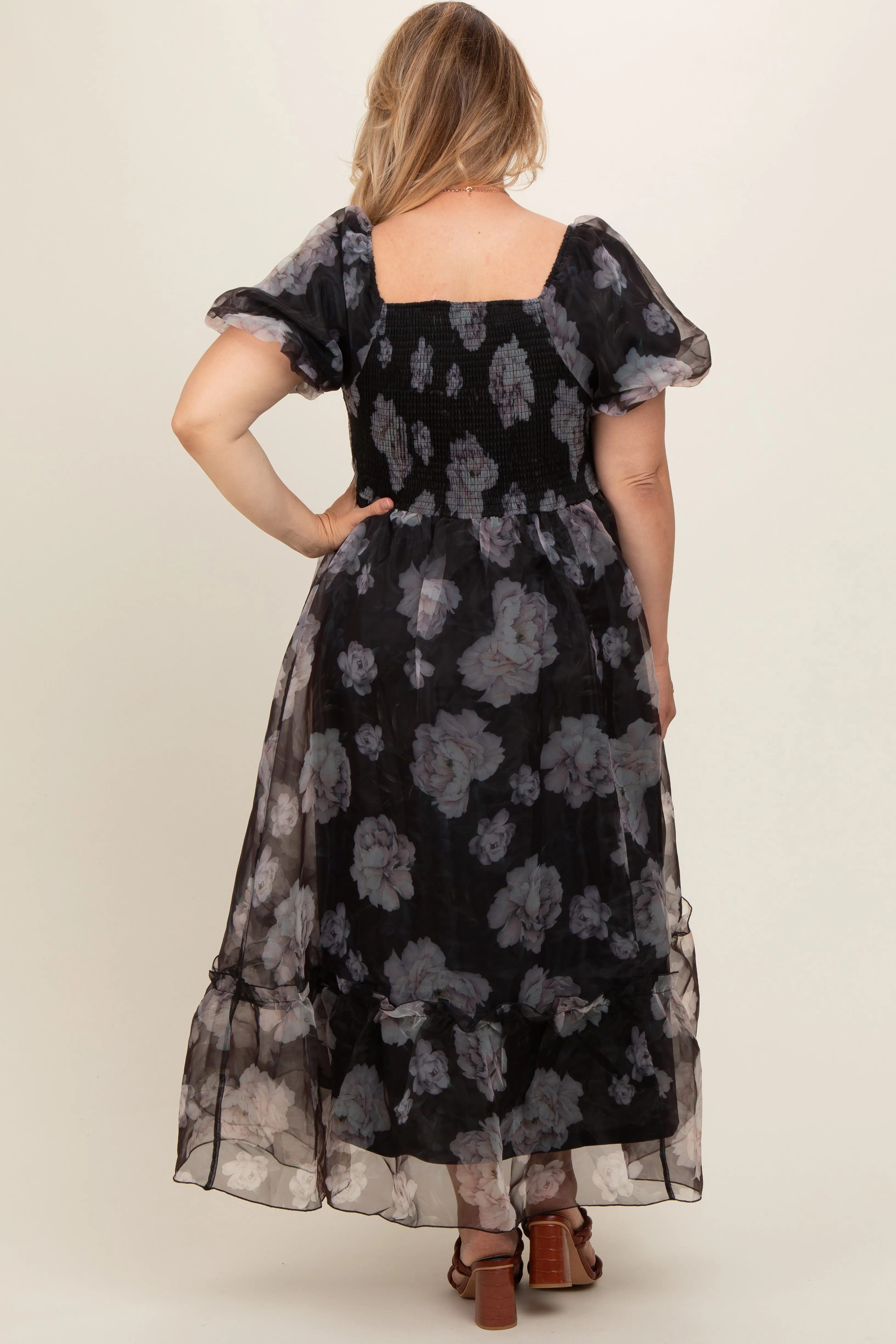 Black Floral Organza Square Neck Maternity Plus Midi Dress sold by Pinkblush product image thumbnail 3