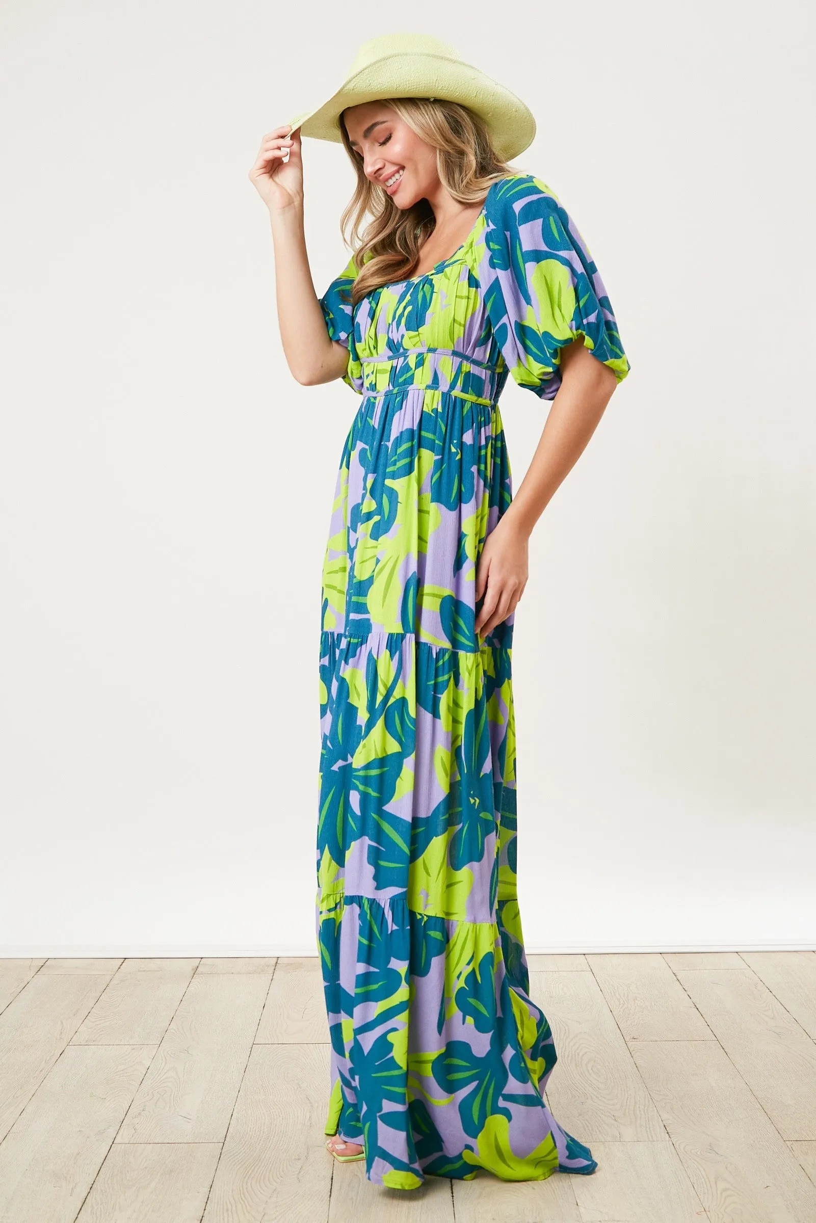 Teal Leaf Print Printed Puff Sleeve Maxi Dress sold by Pinkblush product image thumbnail 3
