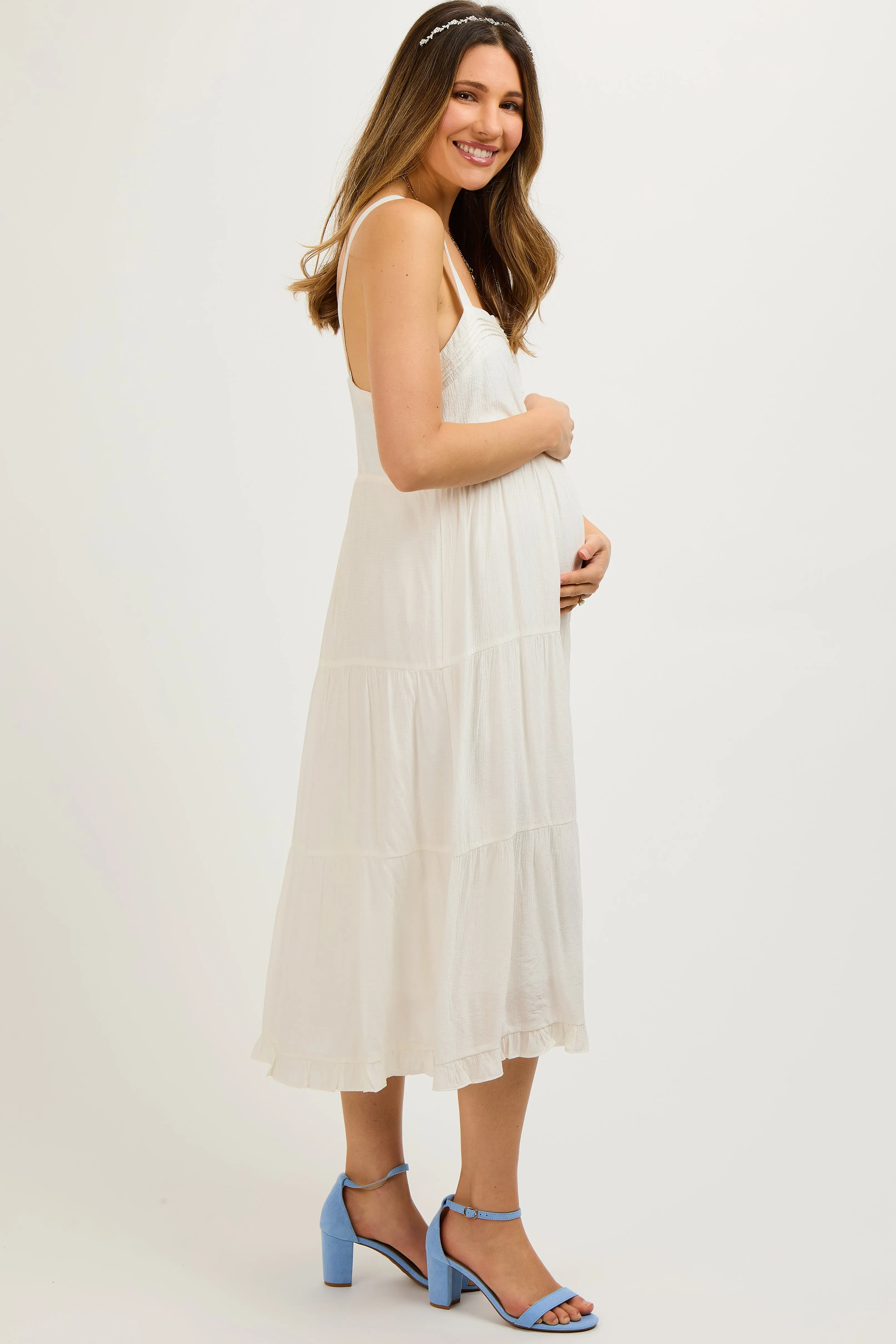 White Sleeveless Button Tiered Maternity Midi Dress sold by Pinkblush product image thumbnail 3