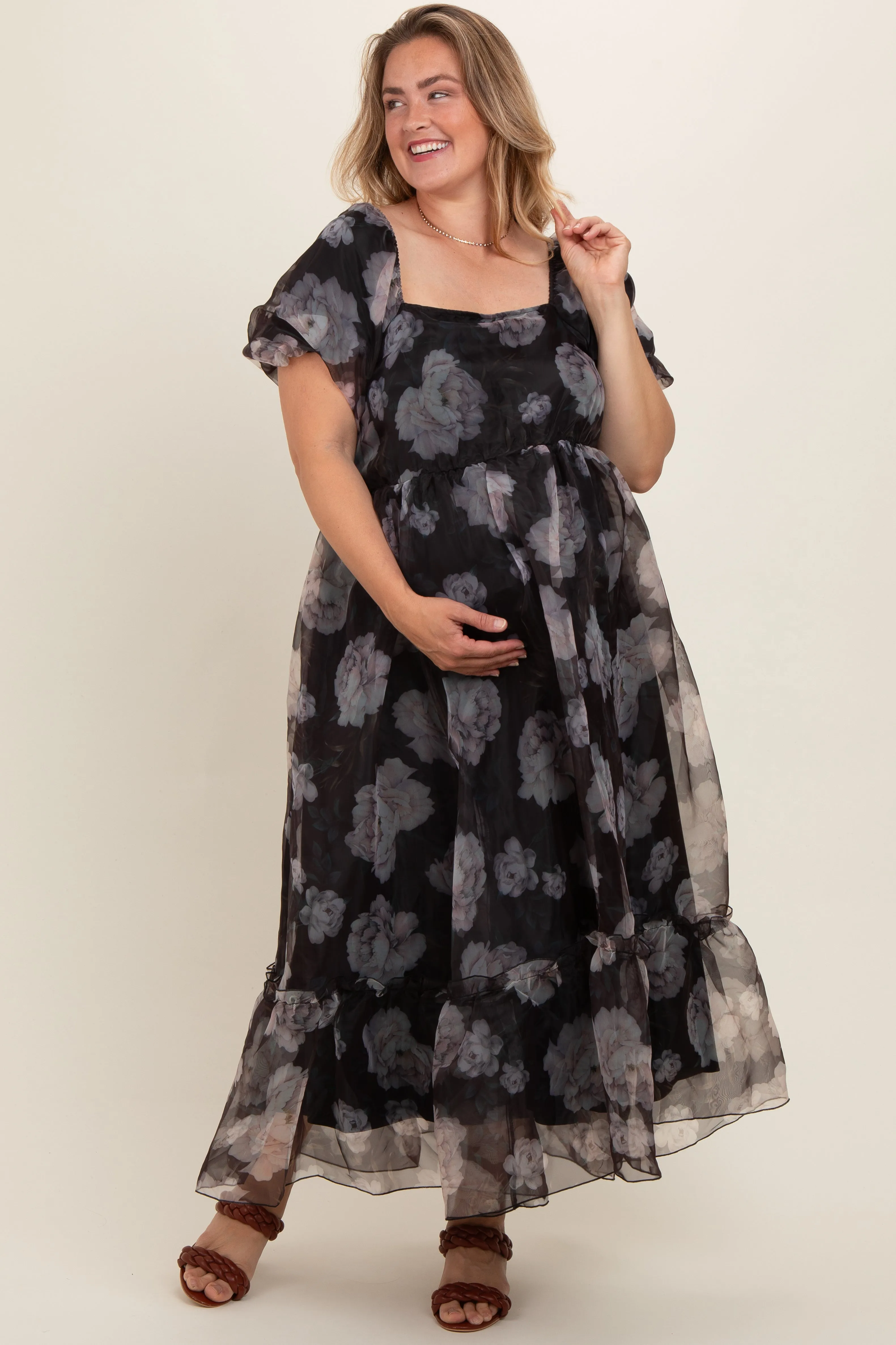 Black Floral Organza Square Neck Maternity Plus Midi Dress sold by Pinkblush