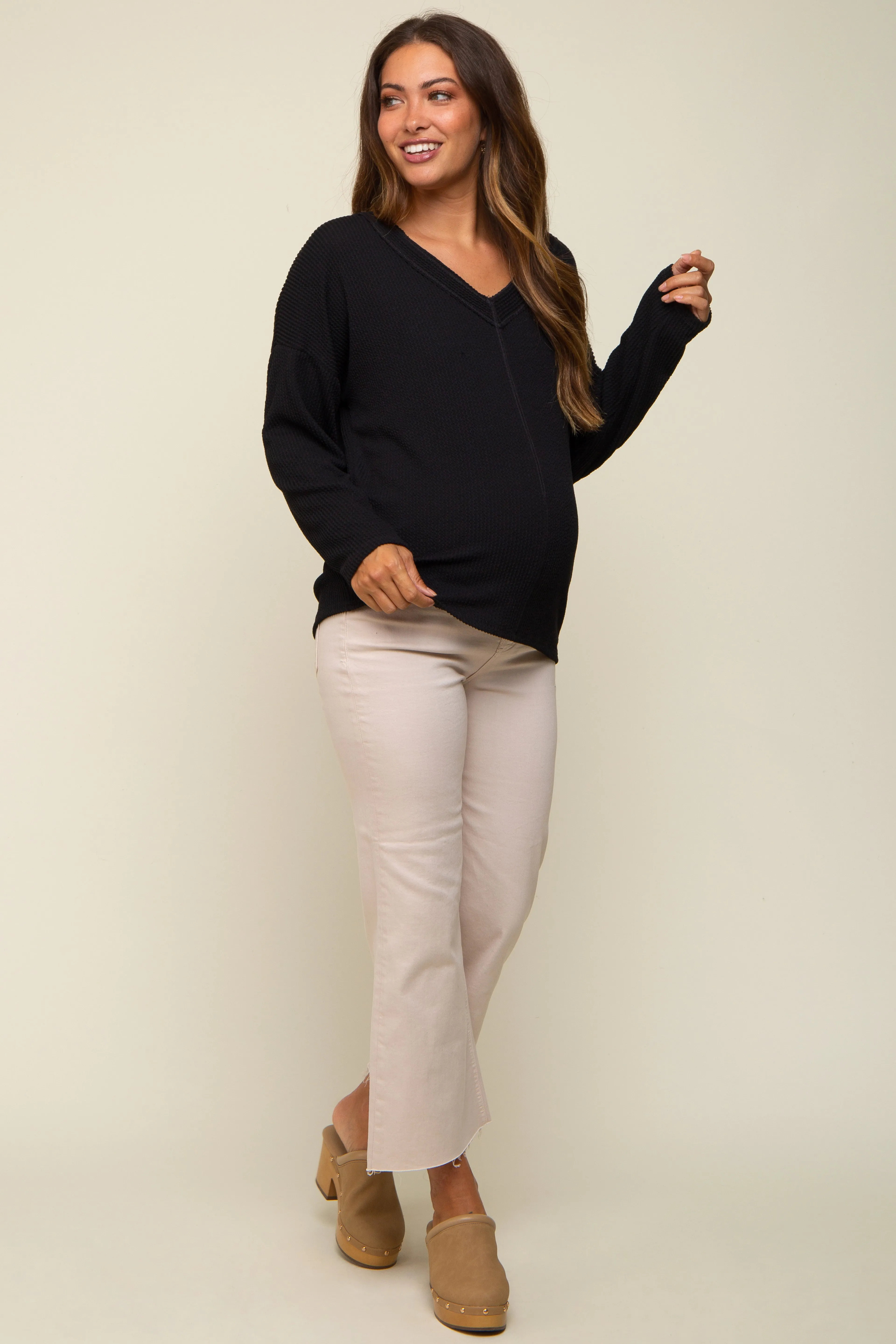Black Ribbed V-Neck Long Sleeve Maternity Top sold by Pinkblush product image thumbnail 4