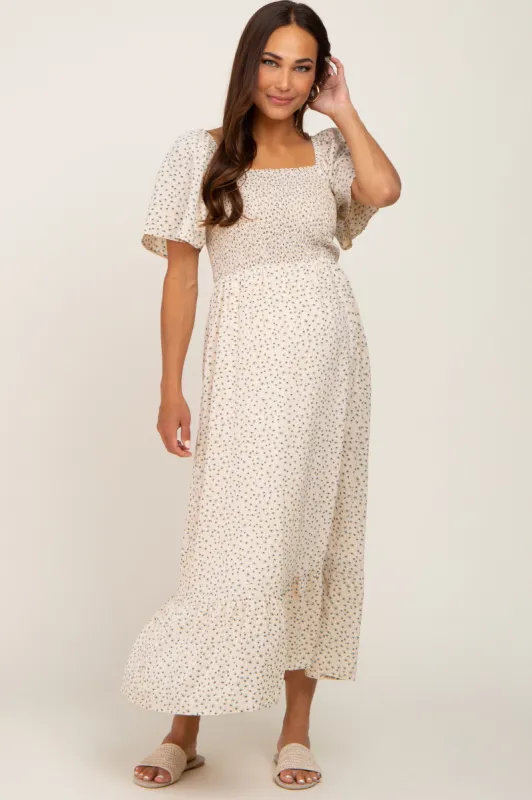 Cream Floral Smocked Maternity Midi Dress sold by Pinkblush