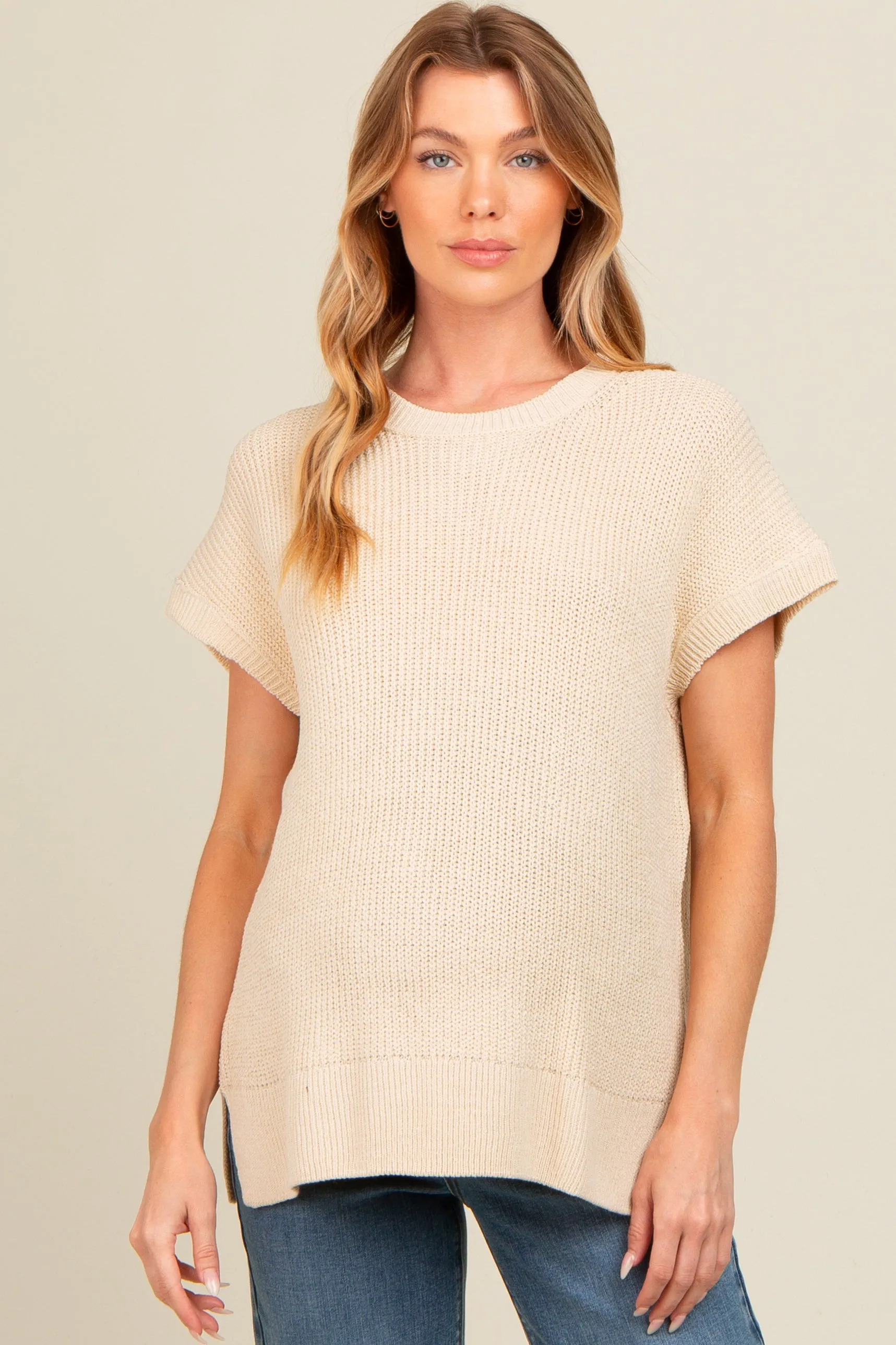 Beige Dolman Short Sleeve Side Slit Maternity Sweater Top sold by Pinkblush