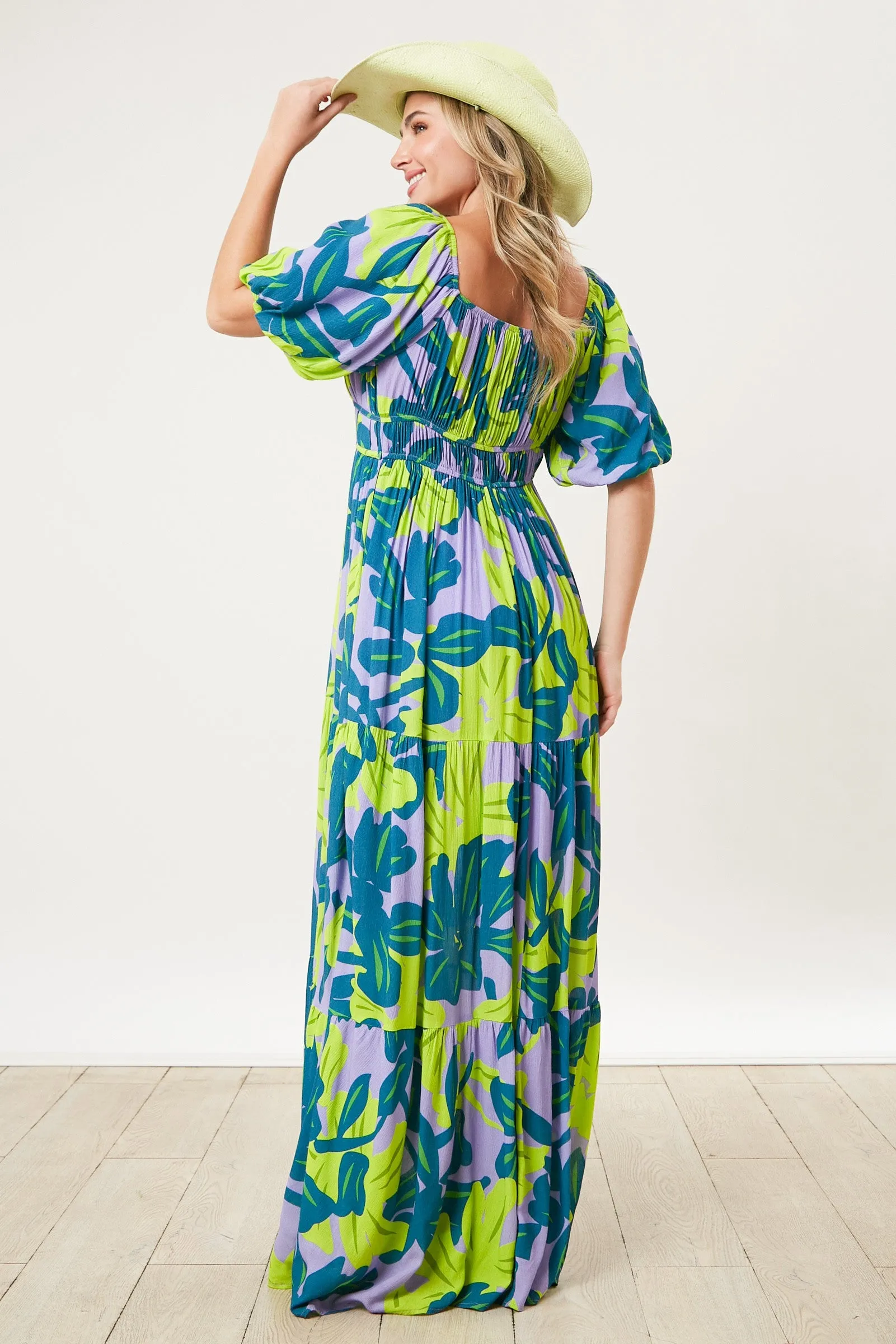Teal Leaf Print Printed Puff Sleeve Maxi Dress sold by Pinkblush product image thumbnail 4