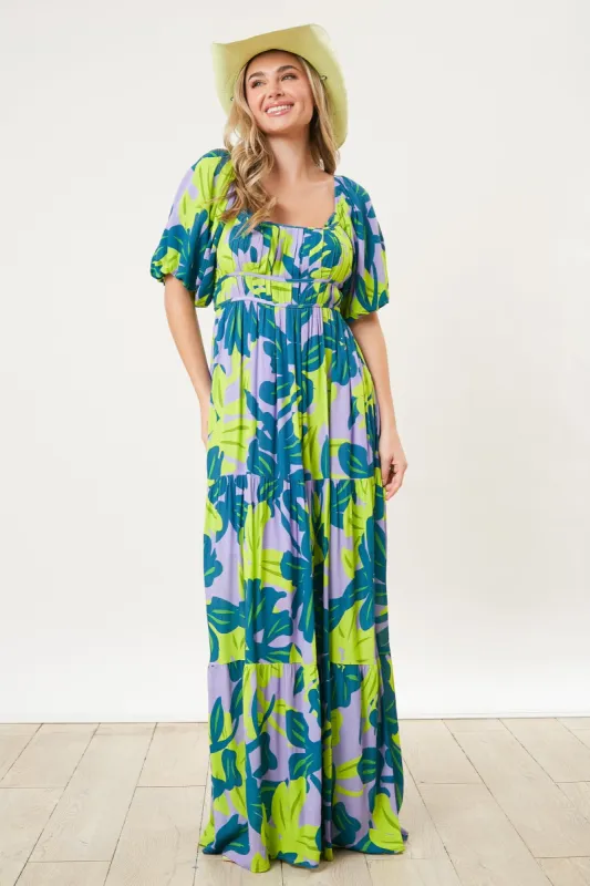 Teal Leaf Print Printed Puff Sleeve Maxi Dress sold by Pinkblush