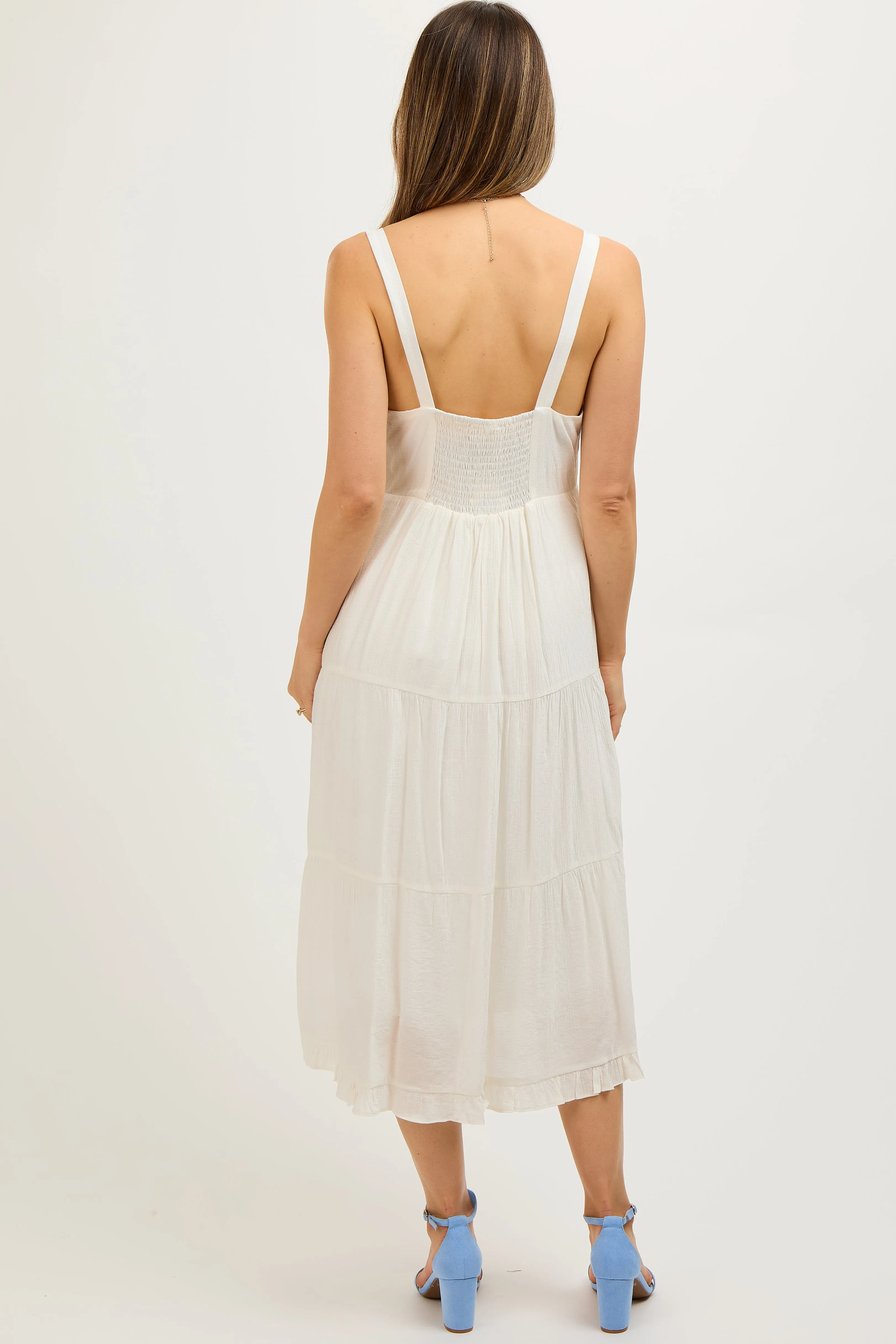 White Sleeveless Button Tiered Maternity Midi Dress sold by Pinkblush product image thumbnail 4