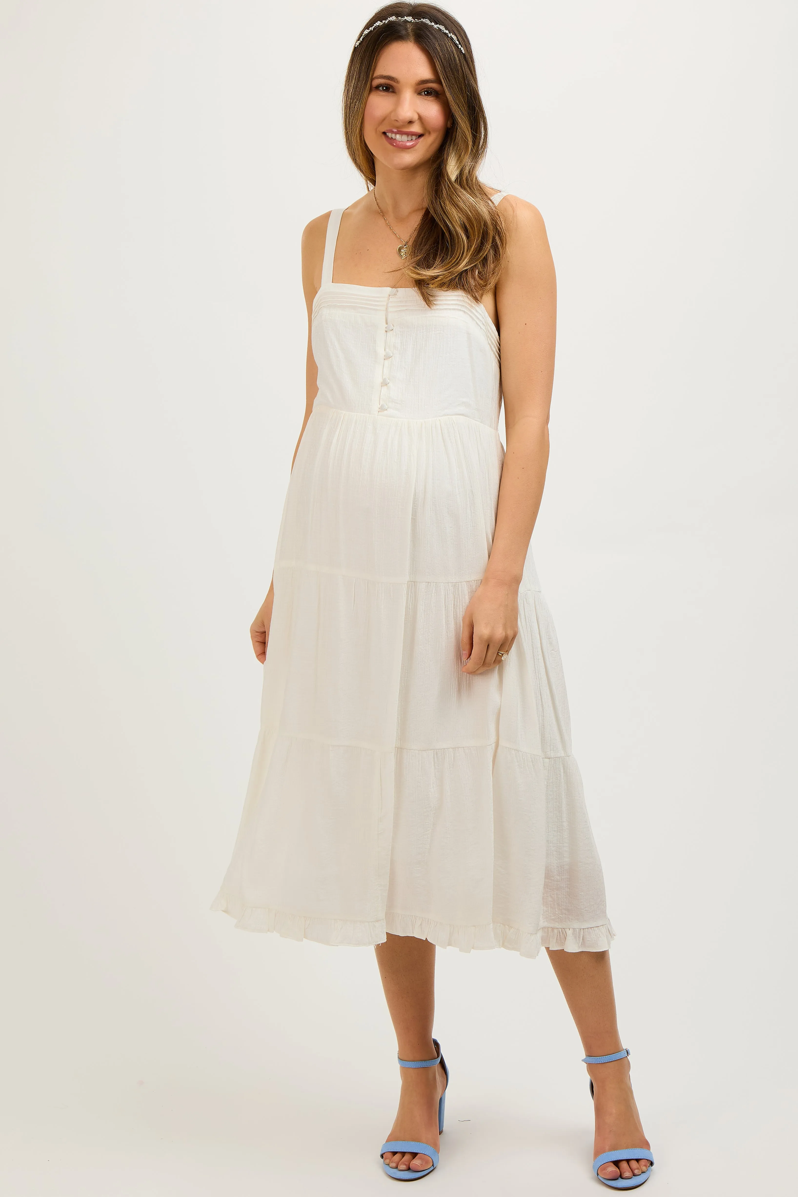 White Sleeveless Button Tiered Maternity Midi Dress sold by Pinkblush