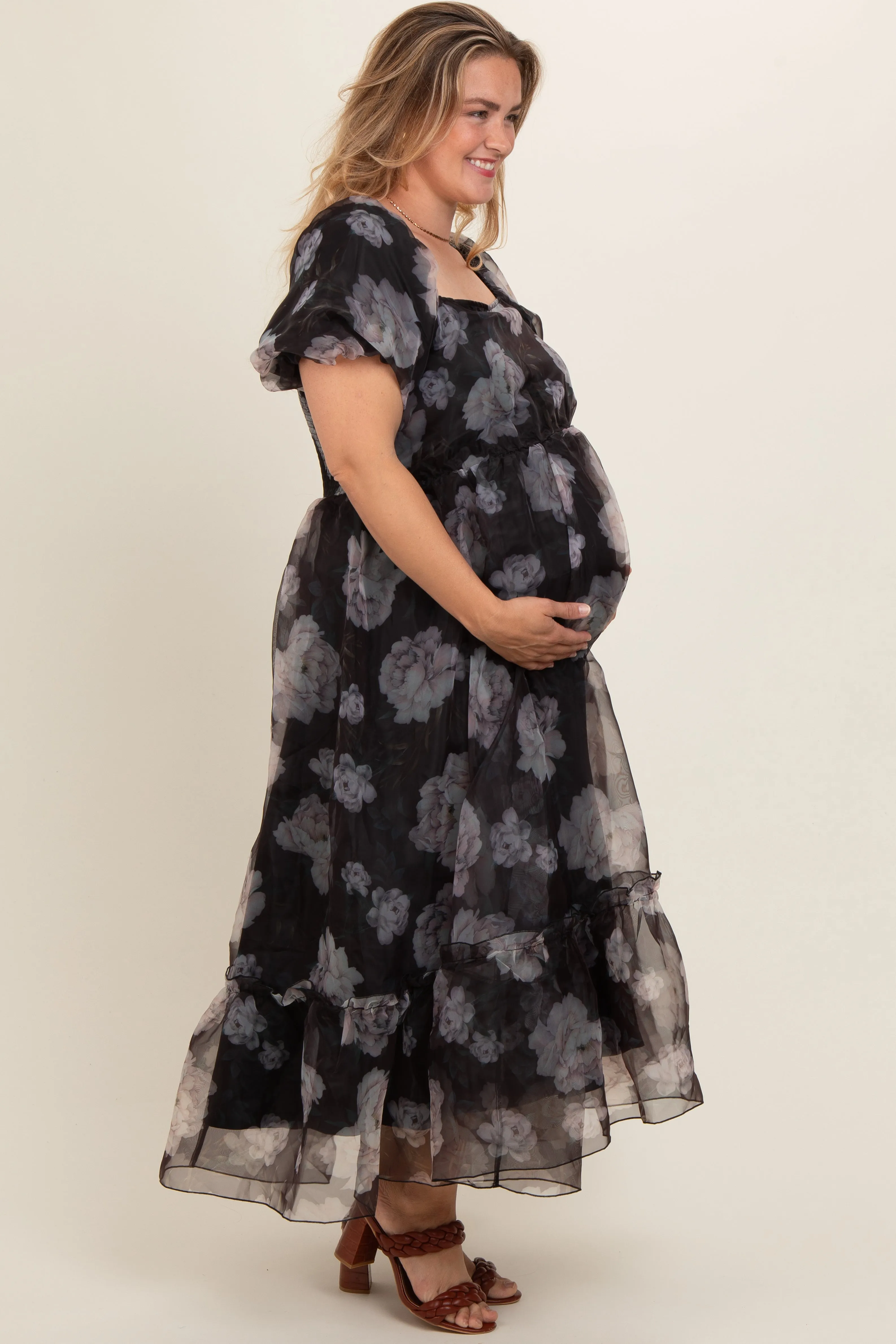 Black Floral Organza Square Neck Maternity Plus Midi Dress sold by Pinkblush product image thumbnail 2