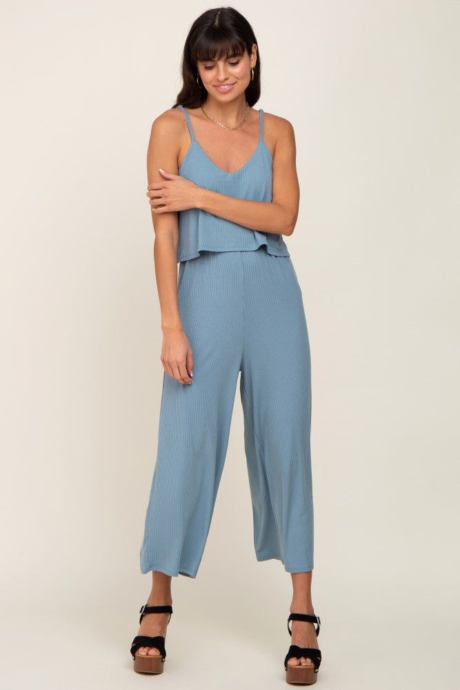 Blue Ribbed Double Layer Cropped Maternity Jumpsuit sold by Pinkblush product image thumbnail 5