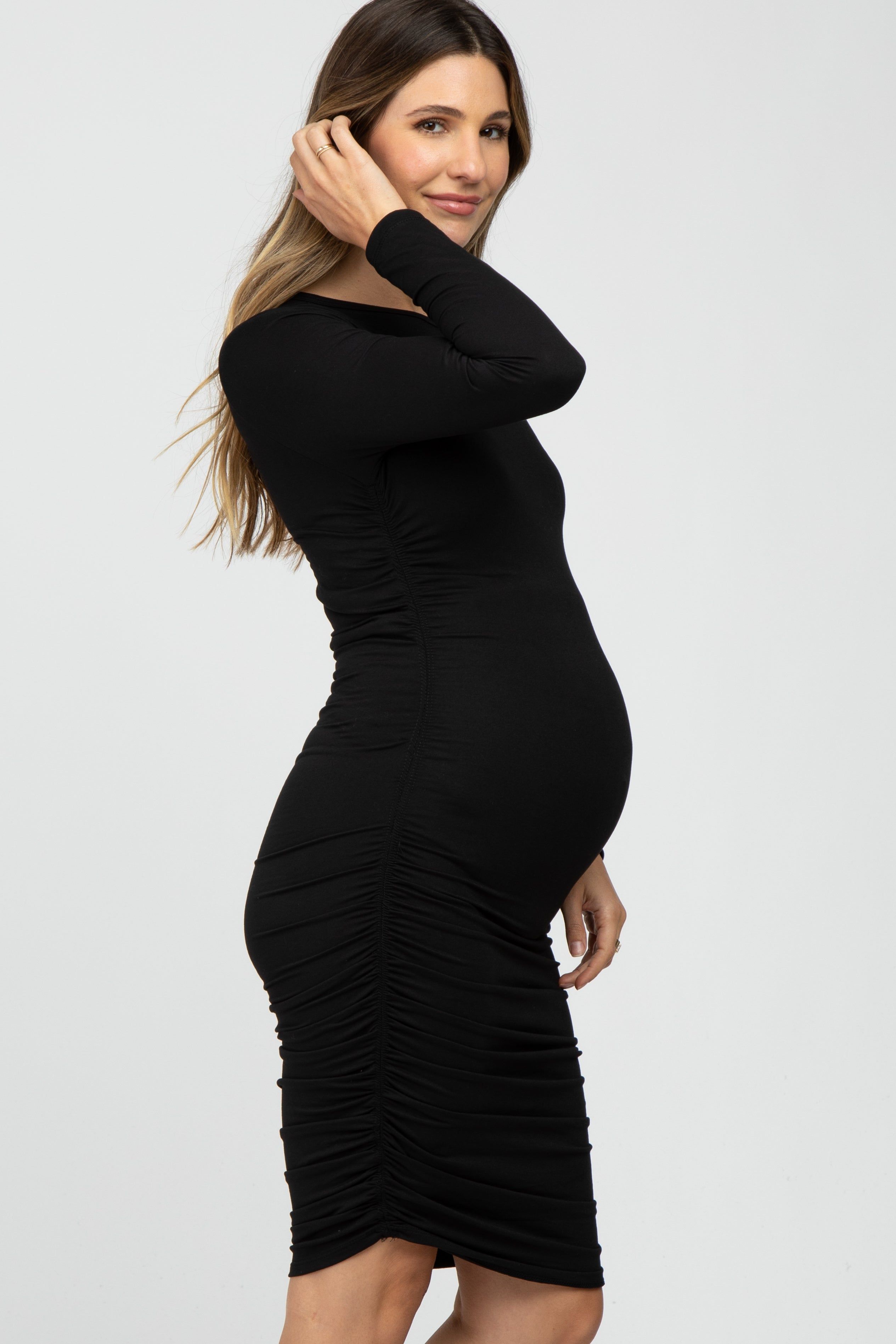 Black Side Ruched Fitted Maternity Dress sold by Pinkblush product image thumbnail 3
