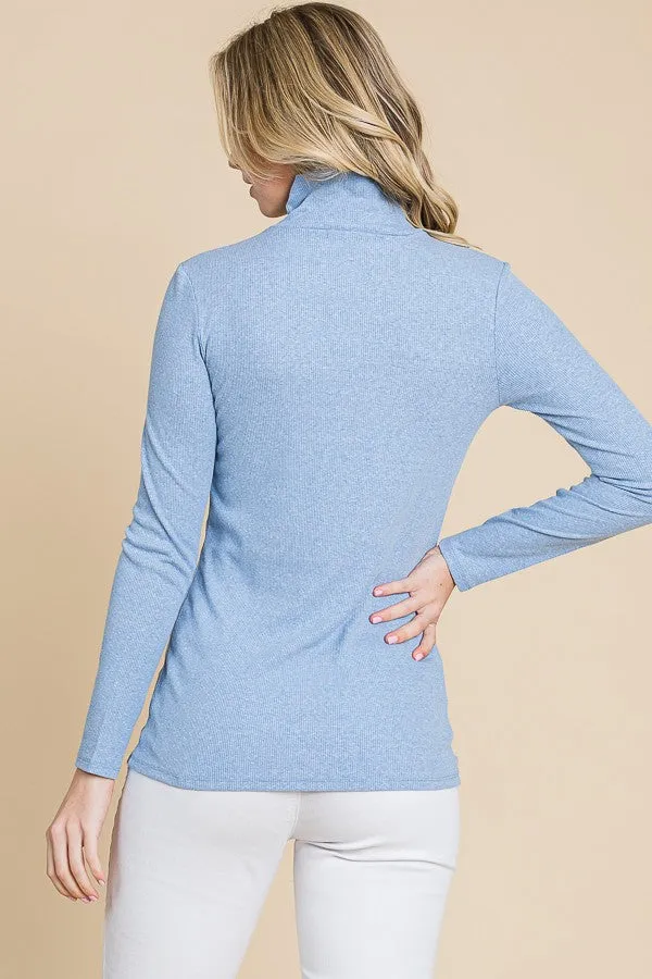 Light Blue Heathered Ribbed Mock Neck Long Sleeve Top sold by Pinkblush product image thumbnail 3