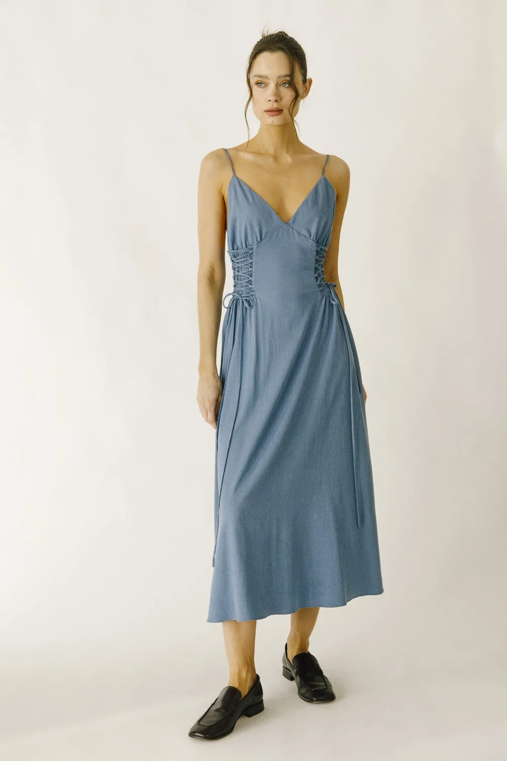 Denim Criss Cross Lace Side Midi Dress sold by Pinkblush