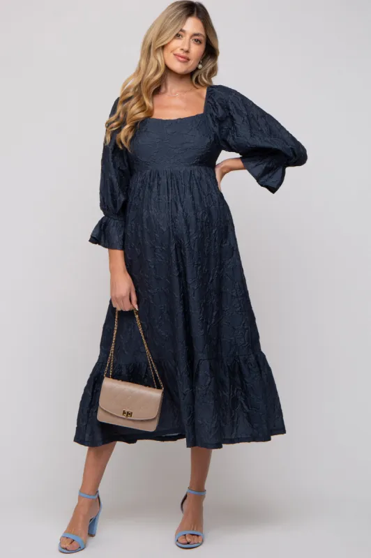 Navy Blue Metallic Jacquard Floral Maternity Midi Dress sold by Pinkblush