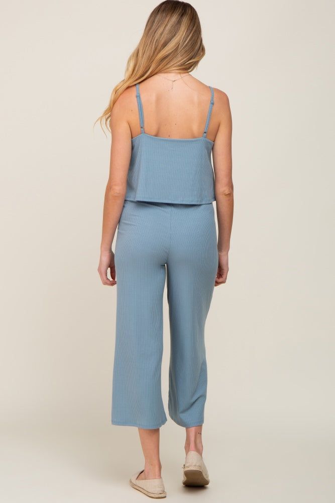 Blue Ribbed Double Layer Cropped Maternity Jumpsuit sold by Pinkblush product image thumbnail 3