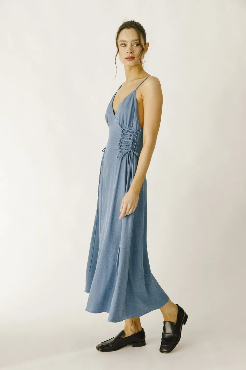 Denim Criss Cross Lace Side Midi Dress sold by Pinkblush product image thumbnail 2