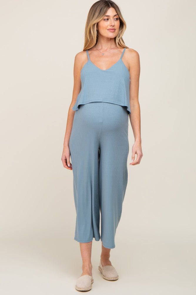 Blue Ribbed Double Layer Cropped Maternity Jumpsuit sold by Pinkblush product image thumbnail 4