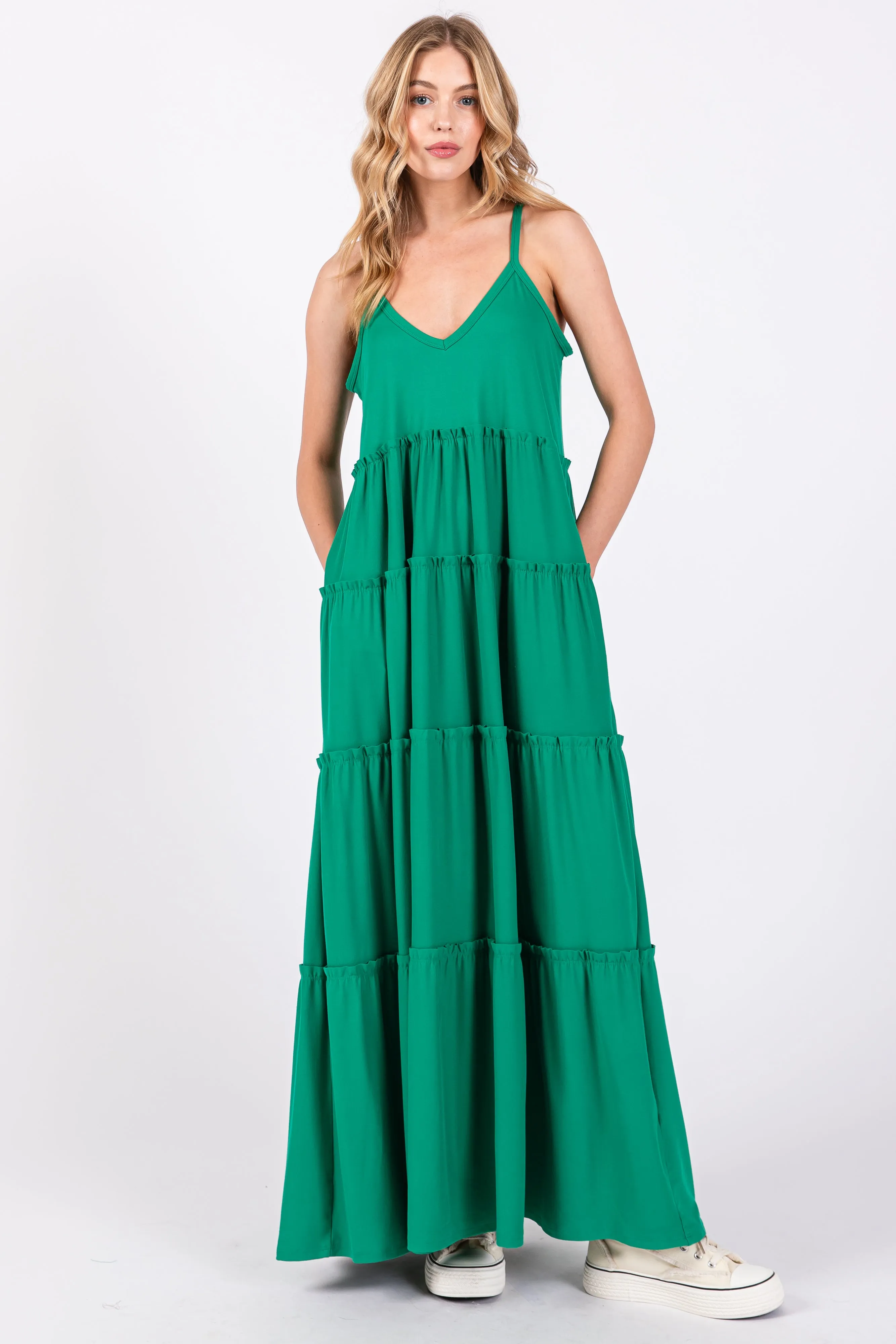Emerald Green Tiered Sleeveless Maxi Dress sold by Pinkblush