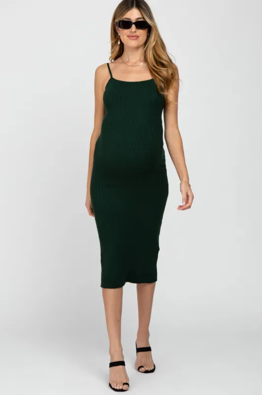 Forest Green Ribbed Square Neck Sleeveless Maternity Midi Dress sold by Pinkblush