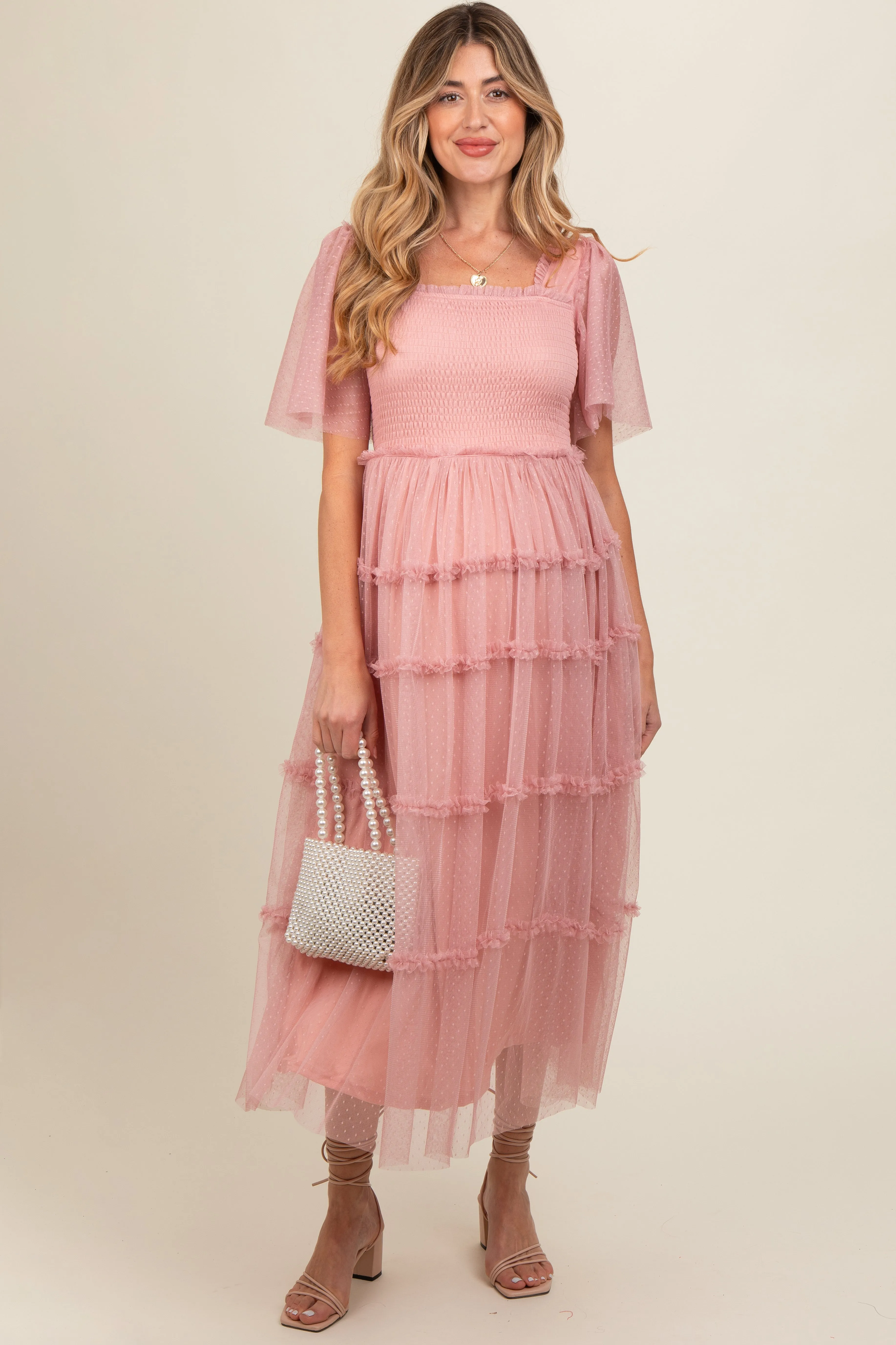 Pink Ruffled Mesh Maternity Maxi Dress sold by Pinkblush