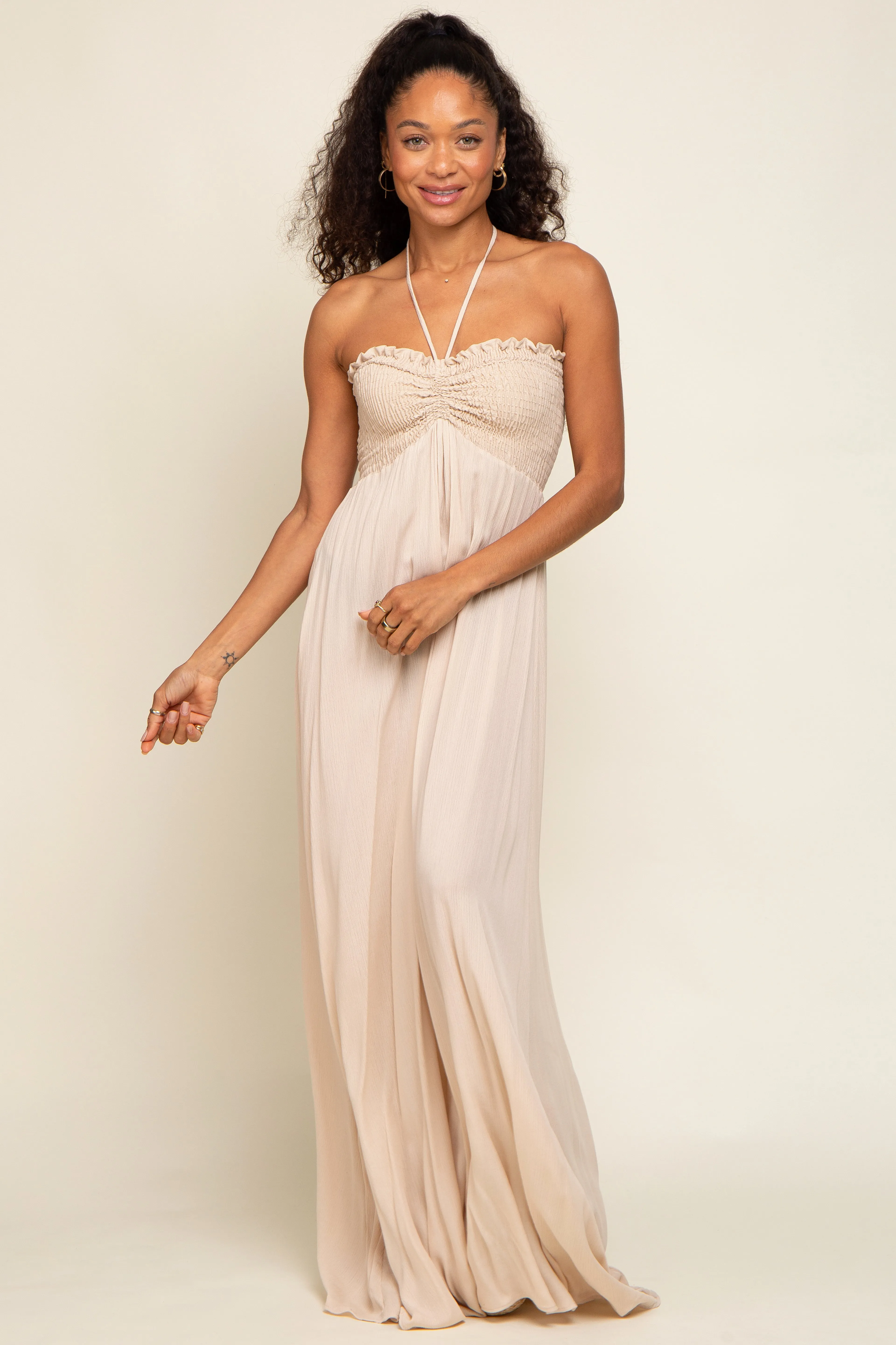Beige Smocked Halter Maxi Dress sold by Pinkblush product image thumbnail 4