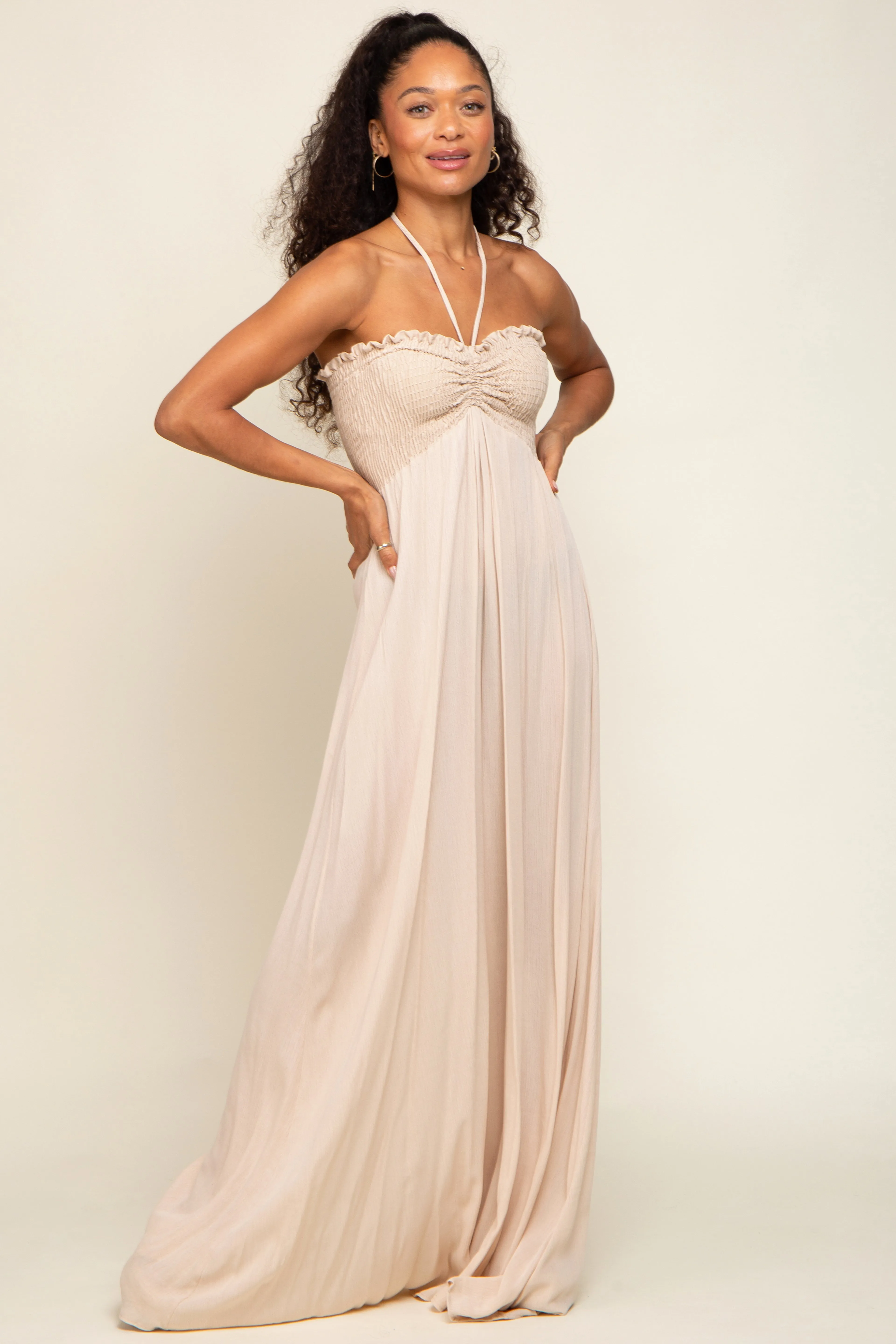Beige Smocked Halter Maxi Dress sold by Pinkblush